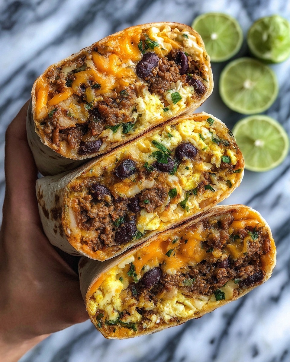 A close-up of a breakfast burrito held by a woman's hand, showing its inside layers clearly. The outer layer is a warm, lightly browned tortilla wrapped tightly. Inside, there are three main layers: at the base and top, there is cooked ground sausage mixed with black beans and small bits of green herbs, showing a crumbly and textured look with brown and black colors. In the middle, there is a thick layer of soft, yellow scrambled eggs that look fluffy and moist. A drizzle of melted cheddar cheese, bright orange in color, covers the sausage and beans slightly. In the background, on the white marbled surface, there is a slice of green lime, partially visible. photo taken with an iphone --ar 4:5 --v 7