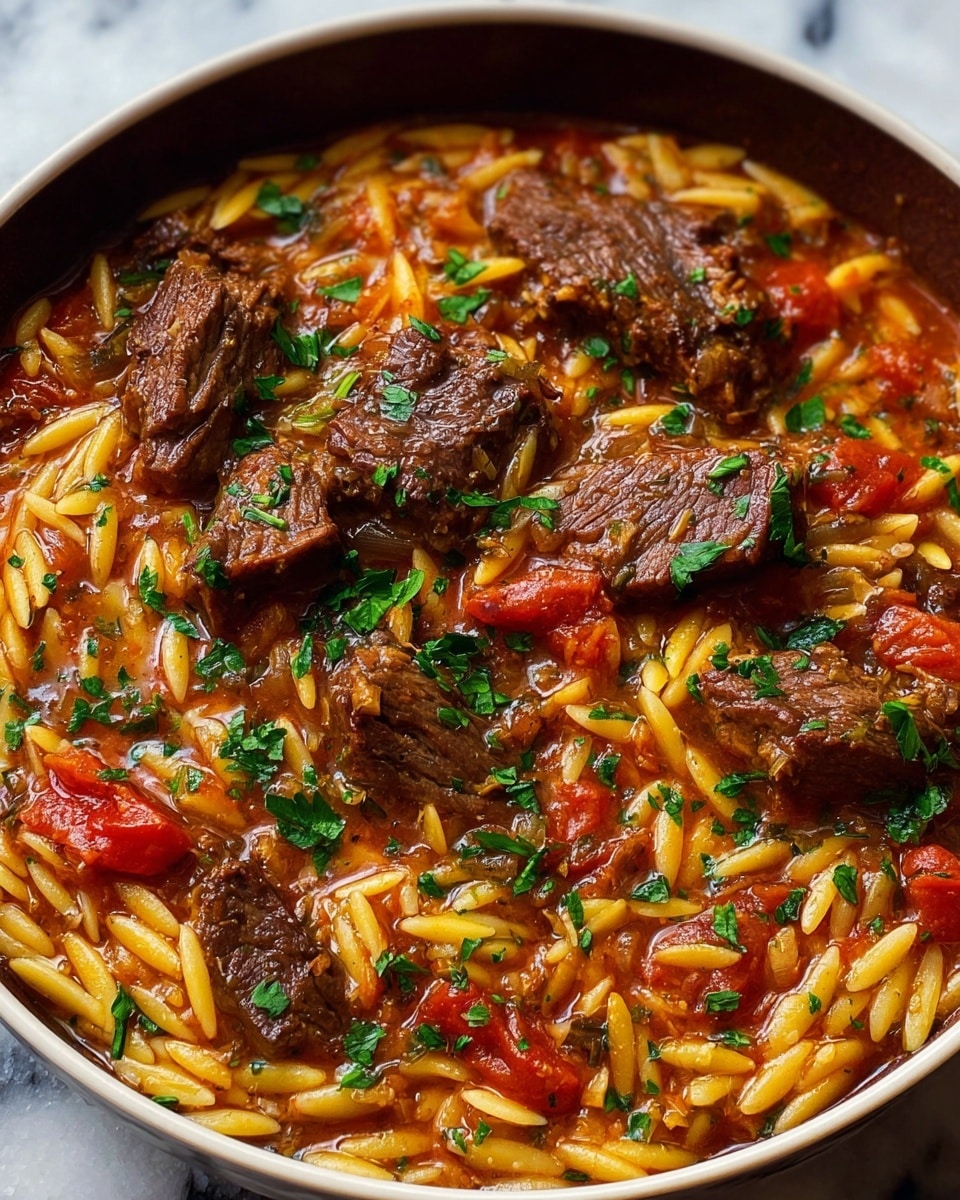 A close-up view of a one-layer dish in a white bowl, filled with a thick stew consisting of browned beef chunks that are dark brown with fibrous texture, along with yellowish orzo pasta scattered evenly throughout. The stew is rich with a reddish-brown sauce that coats the ingredients, with visible pieces of red tomatoes and finely chopped green herbs sprinkled on top, adding a fresh contrast. The bowl rests on a white marbled surface, enhancing the dish's warm tones. photo taken with an iphone --ar 4:5 --v 7