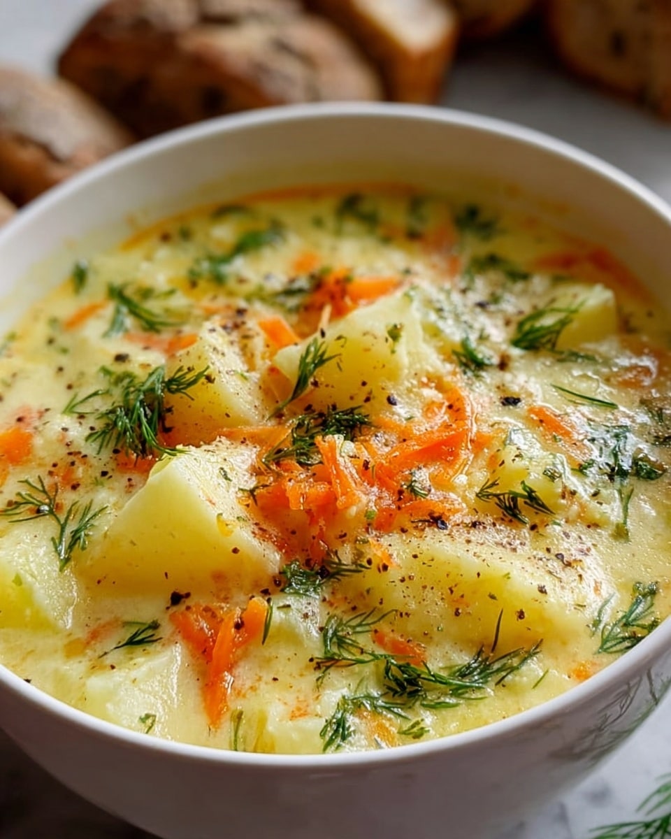 A white bowl filled with a creamy soup that has large chunks of light yellow potatoes and bright orange shredded carrots. The soup is topped with fresh green dill and specks of black pepper scattered across the surface. The broth is pale yellow and slightly thick, surrounding the vegetables. In the background, there is a white marbled textured surface with two pieces of rustic bread partly visible. The colors are warm and inviting, giving a fresh homemade feel. photo taken with an iphone --ar 4:5 --v 7
