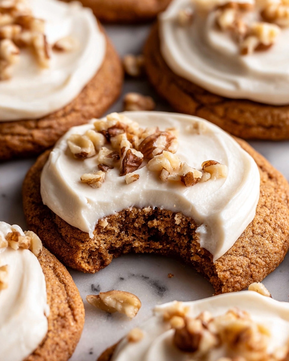 The image shows soft cookies with a brown, slightly rough base layer, topped with a thick, creamy white frosting spread evenly across the surface. The frosting has a smooth texture with visible swirls and curves. Small pieces of light brown chopped nuts are scattered on top of the frosting, adding texture and color contrast. One cookie in the foreground has a bite taken out, revealing the dense, moist inside. The cookies are placed on a white marbled surface, and there is a white bowl filled with more chopped nuts blurred in the background. Photo taken with an iphone --ar 4:5 --v 7