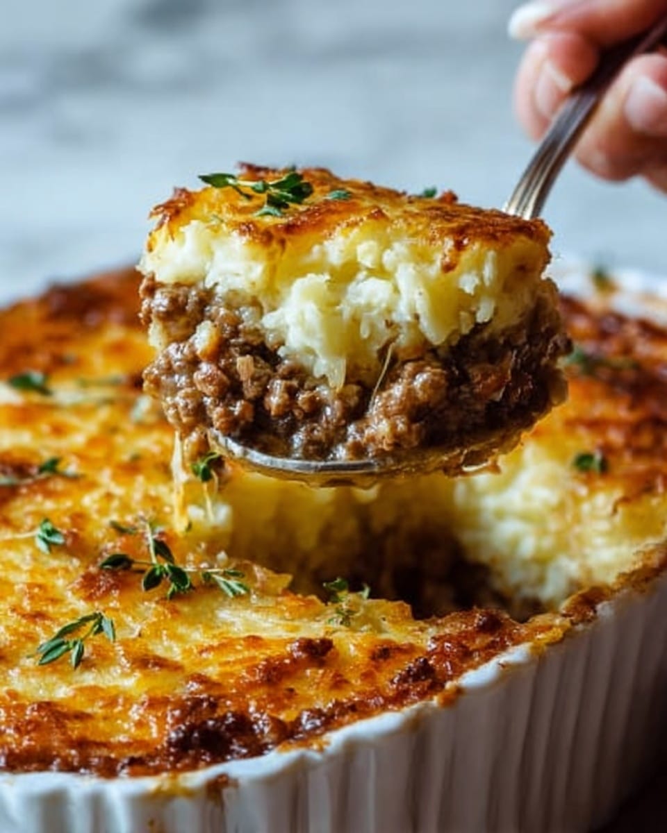 The image shows a close-up of a white ceramic dish filled with a layered casserole. The bottom layer is a rich, brown, minced meat filling with a slightly crumbly texture. Above this is a thick, creamy layer of cooked white rice. The top layer is golden brown melted cheese that has a slightly crispy texture with some herbs sprinkled over it. A silver serving spoon is lifting a portion from the dish, showing all three layers clearly with the creamy white rice in the middle, brown meat below, and cheesy top. The dish is placed on a white marbled surface. Photo taken with an iphone --ar 4:5 --v 7