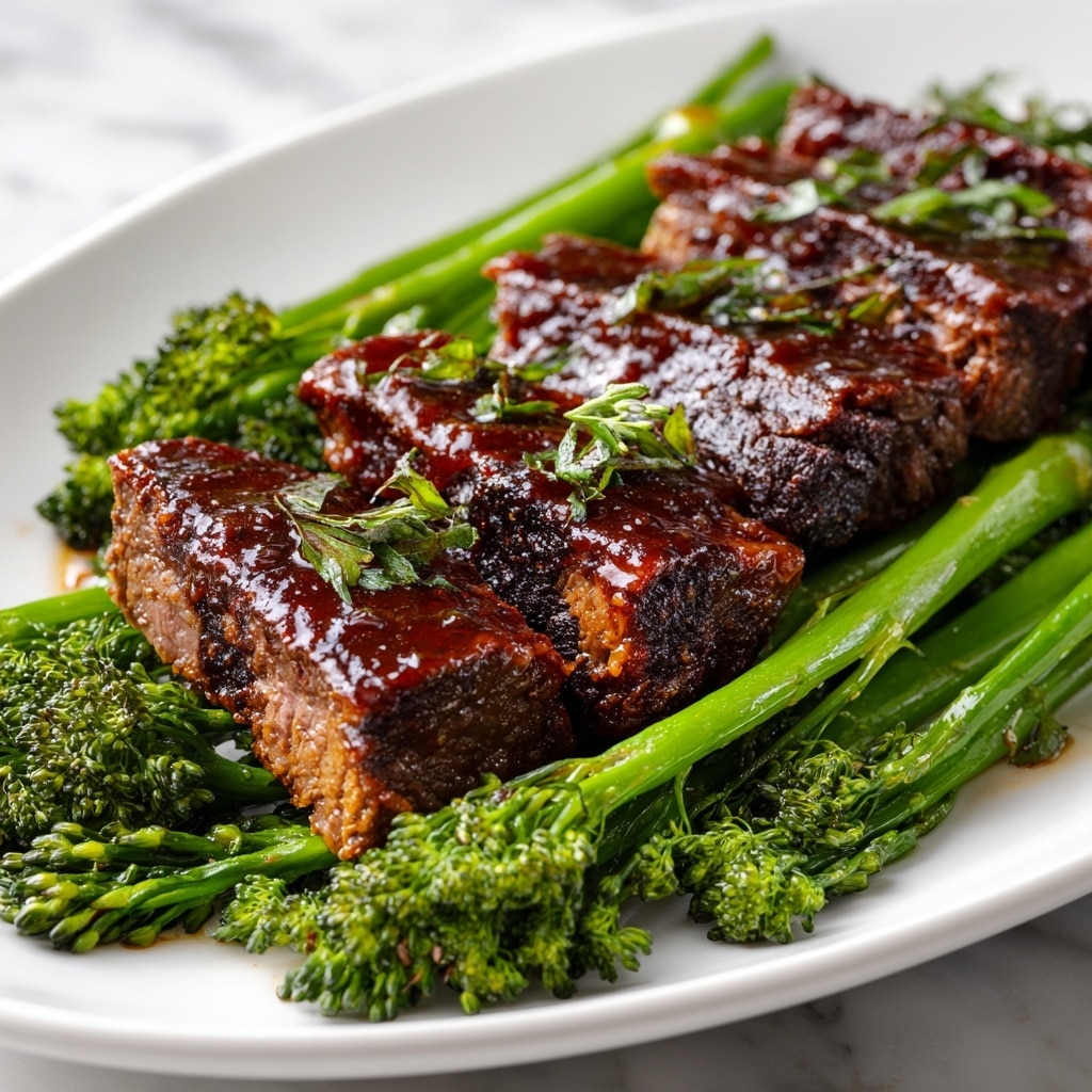 The image shows a close-up of a dish with several thick slices of cooked steak on top of bright green asparagus pieces. The steak is dark brown with a shiny glaze, showing juicy texture and grill marks on some parts. The asparagus is vibrant green, tender, and placed below and around the meat, adding a fresh contrast. All the food sits on a white plate, and the background is a white marbled surface. The photo feels warm and rich, highlighting the softness of the meat and the crispness of the vegetables. photo taken with an iphone --ar 4:5 --v 7