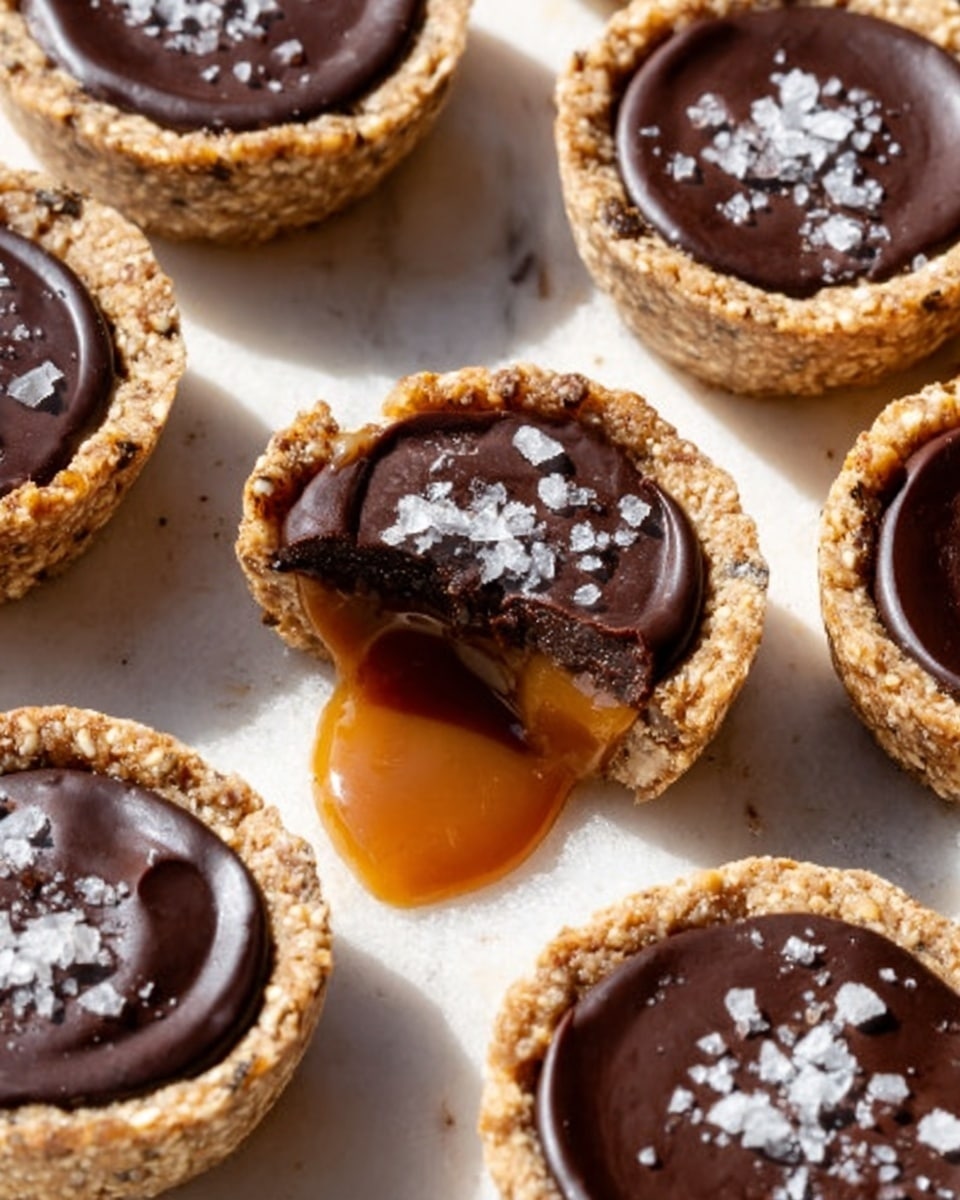 The image shows several small tartlets arranged on a white marbled surface. Each tartlet has a crumbly light golden crust forming the base and sides, holding a smooth, glossy dark brown chocolate layer on top. One tartlet is cut open, revealing a thick layer of caramel inside beneath the chocolate. The chocolate layer is shiny and even, while some tartlets are topped with a small sprinkle of salt crystals. A woman's hand is holding the open tartlet, showing its gooey filling. There are a few scattered coffee beans on the surface around the tartlets. photo taken with an iphone --ar 4:5 --v 7