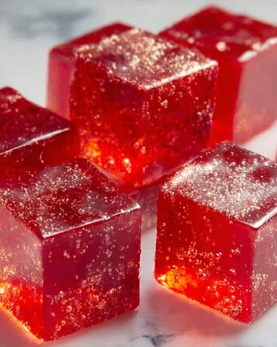 The image shows close-up clear red jelly cubes with small bits inside, placed randomly on a white marbled surface. The jelly has a shiny, smooth texture with sharp edges, and light shines through, making some cubes look bright and glowing. Each cube is almost the same size, with tiny seeds or particles visible inside the jelly, creating a speckled effect. The photo taken with an iphone --ar 4:5 --v 7