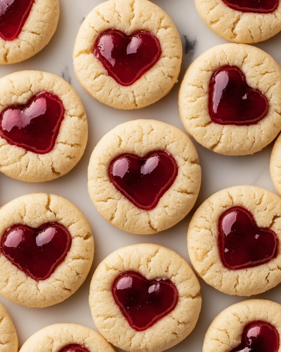 The image shows many round cookies with a light golden-brown color, each topped with a bright red jelly shaped like a heart in the center. The cookies have small cracks and a soft texture visible on the surface, and the jelly looks shiny and smooth. They are all spread out and slightly overlapping on a white marbled surface. photo taken with an iphone --ar 4:5 --v 7