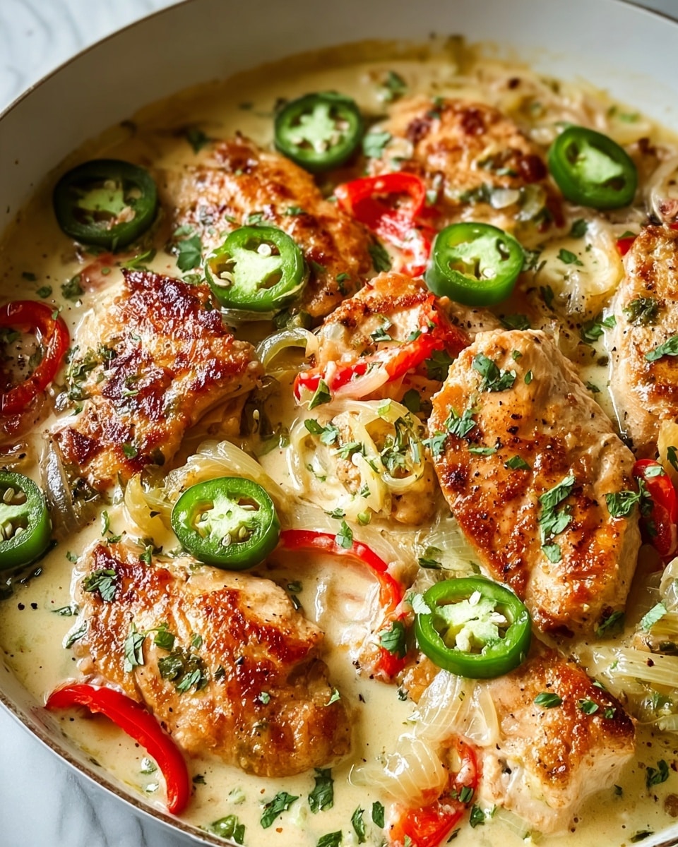The dish shows several pieces of golden-brown cooked chicken placed in a shallow layer of creamy light-colored sauce. Scattered throughout are slices of green and red peppers, some of which are whole rings, adding bright green and red colors. Thin, translucent slices of cooked onions are mixed into the sauce around the chicken. Small green herb leaves are sprinkled on top, adding a fresh touch. The dish is served in a white pan on a white marbled surface. photo taken with an iphone --ar 4:5 --v 7