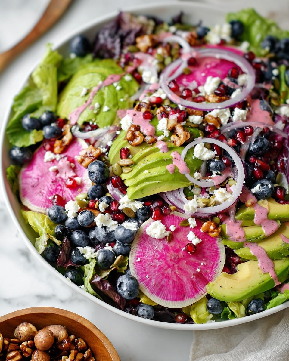 A vibrant salad layered in a white bowl starts with a base of mixed green lettuce leaves. On top, there are thin slices of green avocado with a soft texture, scattered pieces of creamy white cheese, and small clusters of deep blue blueberries. Thin rings of pale purple-red onion lie across the salad. Bright red pomegranate seeds are sprinkled all over, adding shiny pops of color. There are also slices of watermelon radish showing a light green outer edge with a white to pink center. A pink creamy dressing is drizzled unevenly across, blending with the ingredients. Some toasted nuts add a crunchy texture, scattered throughout the salad. The photo is set on a white marbled surface, with a small wooden bowl holding extra nuts nearby. photo taken with an iphone --ar 4:5 --v 7
