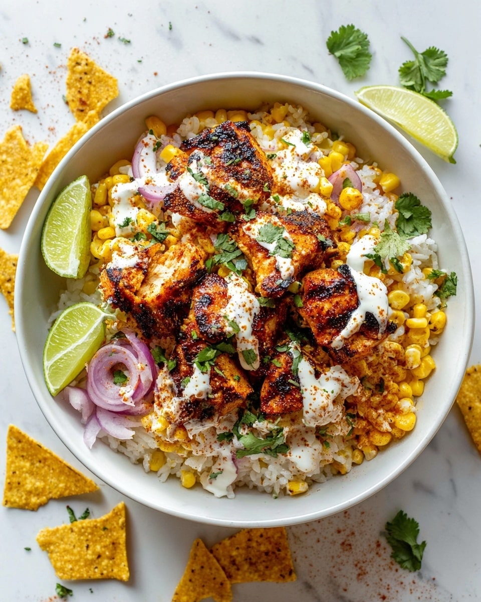 A white bowl filled with three layers: the bottom layer is plain white rice with yellow corn kernels mixed in, the middle layer has grilled, slightly charred chunks of chicken with a rich orange-red spice coating, and the top layer shows a drizzle of white creamy sauce scattered over the chicken along with fresh green cilantro pieces and thin slices of purple onion. Two green lime wedges rest on the side inside the bowl. The bowl is placed on a white marbled surface sprinkled with small bits of tortilla chips, scattered cilantro leaves, and a few spice specks. Photo taken with an iphone --ar 4:5 --v 7