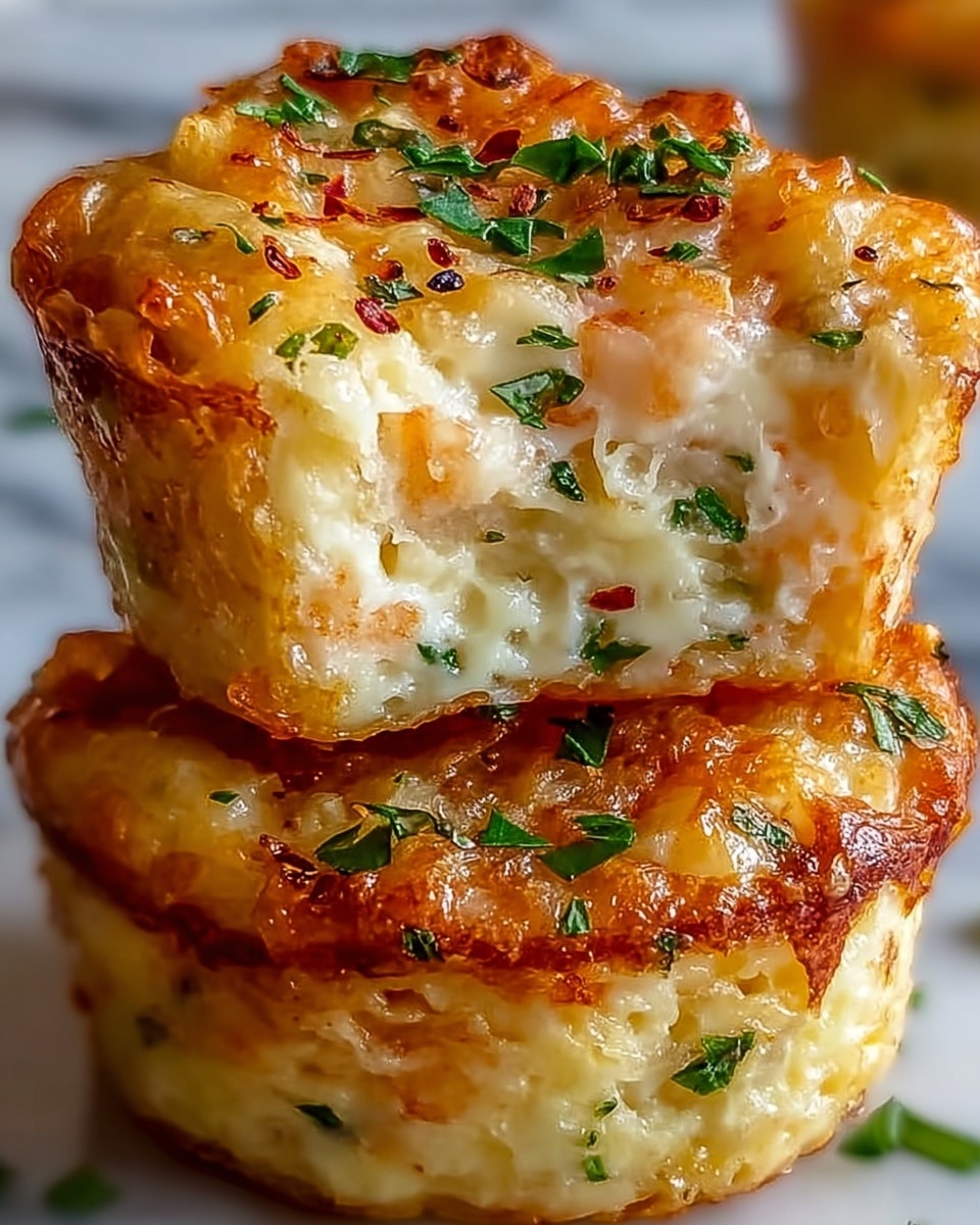 The image shows two thick, square-shaped macaroni and cheese bites stacked on top of each other on a white marbled surface. Each bite has three visible layers: the top and bottom layers are a golden-brown, crispy baked crust with a slightly rough texture, while the middle layer is gooey, melted cheese mixed with elbow macaroni. Small green herb pieces are sprinkled across the cheese layers and the crust, adding a fresh touch. The cheese is creamy, with hints of orange from seasoning, and it oozes slightly from the edges, giving a rich and cheesy look. Photo taken with an iphone --ar 4:5 --v 7