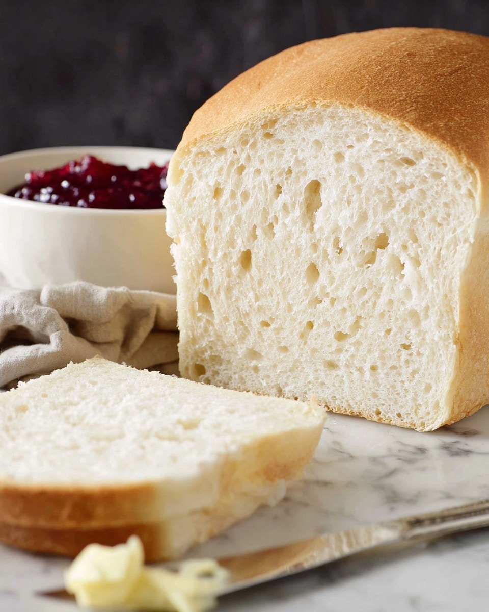 A close-up of a loaf of white bread with one slice cut off and lying flat in front of it, showing a soft, airy texture with tiny holes inside. To the side, there is a light yellow block of butter on a knife, with a small bit of butter spread on the knife blade. Behind the butter and knife, there is a small white bowl filled with bright red jam, adding a rich glossy texture. All items are on a white marbled surface with a dark background. photo taken with an iphone --ar 4:5 --v 7
