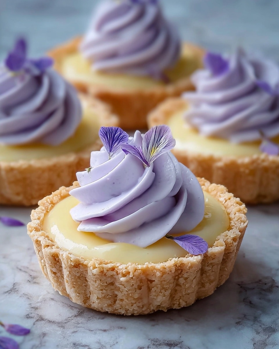 A small tart with a light golden-brown crumbly crust forms the base, filled with a smooth pale yellow custard layer. On top, a swirl of soft light lavender cream is piped in thick, rounded waves, hugging the custard. Delicate small purple flower petals are placed gently on the cream, adding a touch of natural color and elegance. The tart sits on a white marbled surface with more similar tarts blurred softly in the background, creating a warm and inviting scene. Photo taken with an iphone --ar 4:5 --v 7