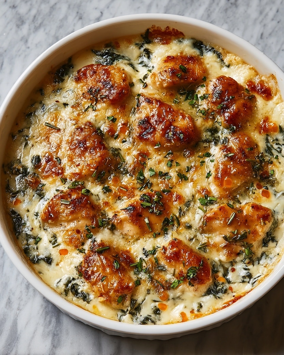 A white round dish holds a creamy baked chicken casserole with six golden-brown, crusty chicken pieces arranged on top. The surface has a rich, textured layer of melted cheese and herbs, creating a mix of golden, orange, and green colors. The sauce underneath looks creamy with bits of green herbs and small pieces of red, likely tomatoes, spread evenly throughout. The dish sits on a white marbled surface with a dark textured cloth visible next to it. photo taken with an iphone --ar 4:5 --v 7