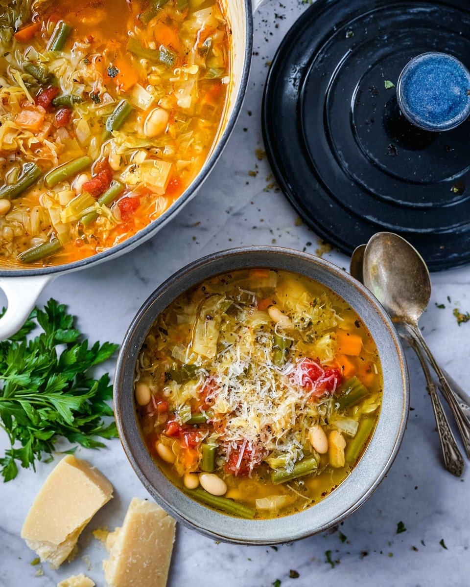 The image shows a large white pot filled with vegetable soup, featuring layers of clear yellow broth with visible diced green beans, orange carrots, red tomatoes, white beans, and small green zucchini pieces, all mixed with thin strands of pasta. Next to it is a white bowl containing the same soup with a topping of melted, slightly browned grated cheese and a sprinkle of black pepper. The soup layers in the bowl show the same colorful vegetables and broth, with the cheese layer adding a creamy white texture on top. The scene is set on a white marbled surface, accompanied by a bunch of fresh green parsley in the background, a couple of silver spoons, crumbs of light yellow cheese, and a chunk of crusty brown bread. The pot’s black lid lies nearby with a blue knob. Photo taken with an iphone --ar 4:5 --v 7