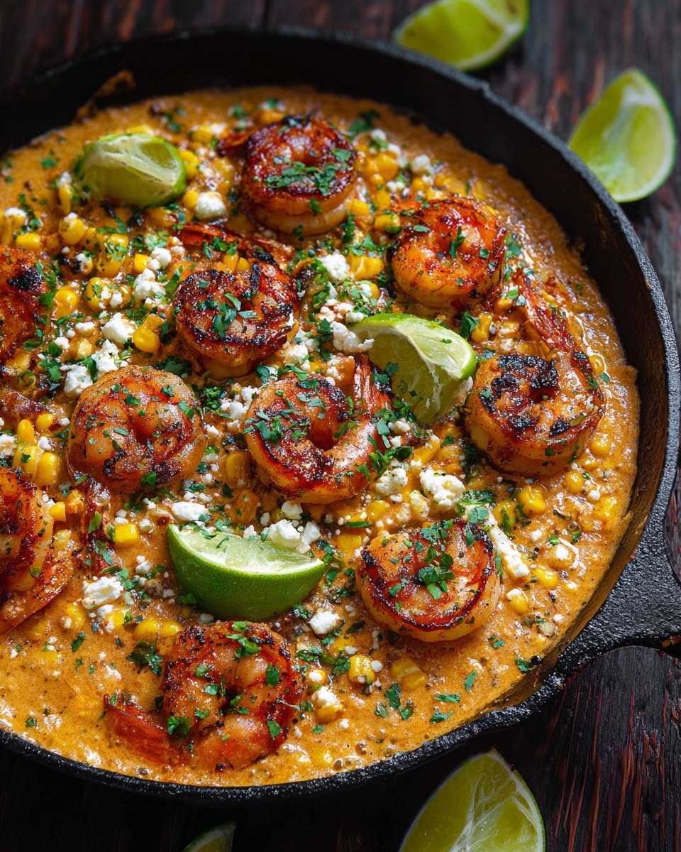 A large black cast iron pan filled with creamy orange sauce as the base layer, topped with bright yellow grilled corn pieces scattered evenly throughout. Over the sauce and corn, there are many plump, reddish-orange seasoned shrimp arranged in a circular pattern, with bits of green cilantro leaves sprinkled on top. White crumbly cheese is lightly scattered over the shrimp and corn. Lime wedges with a pale green color are placed around the edge of the pan, adding a fresh and juicy touch. The pan sits on a white marbled surface, creating a clean and simple contrast. Photo taken with an iphone --ar 4:5 --v 7