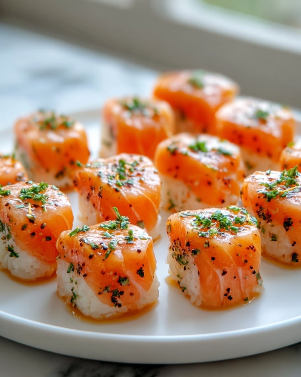 A white plate holds several small square sushi pieces layered with a soft pink-orange salmon slice wrapped around rice with a light texture inside. Each piece is shiny on top, garnished with green herbs and a small sprinkle of black and white sesame seeds, giving a fresh and colorful look. The background shows a soft, out-of-focus natural light and greenery through a window, all set on a white marbled surface. The photo taken with an iphone --ar 4:5 --v 7
