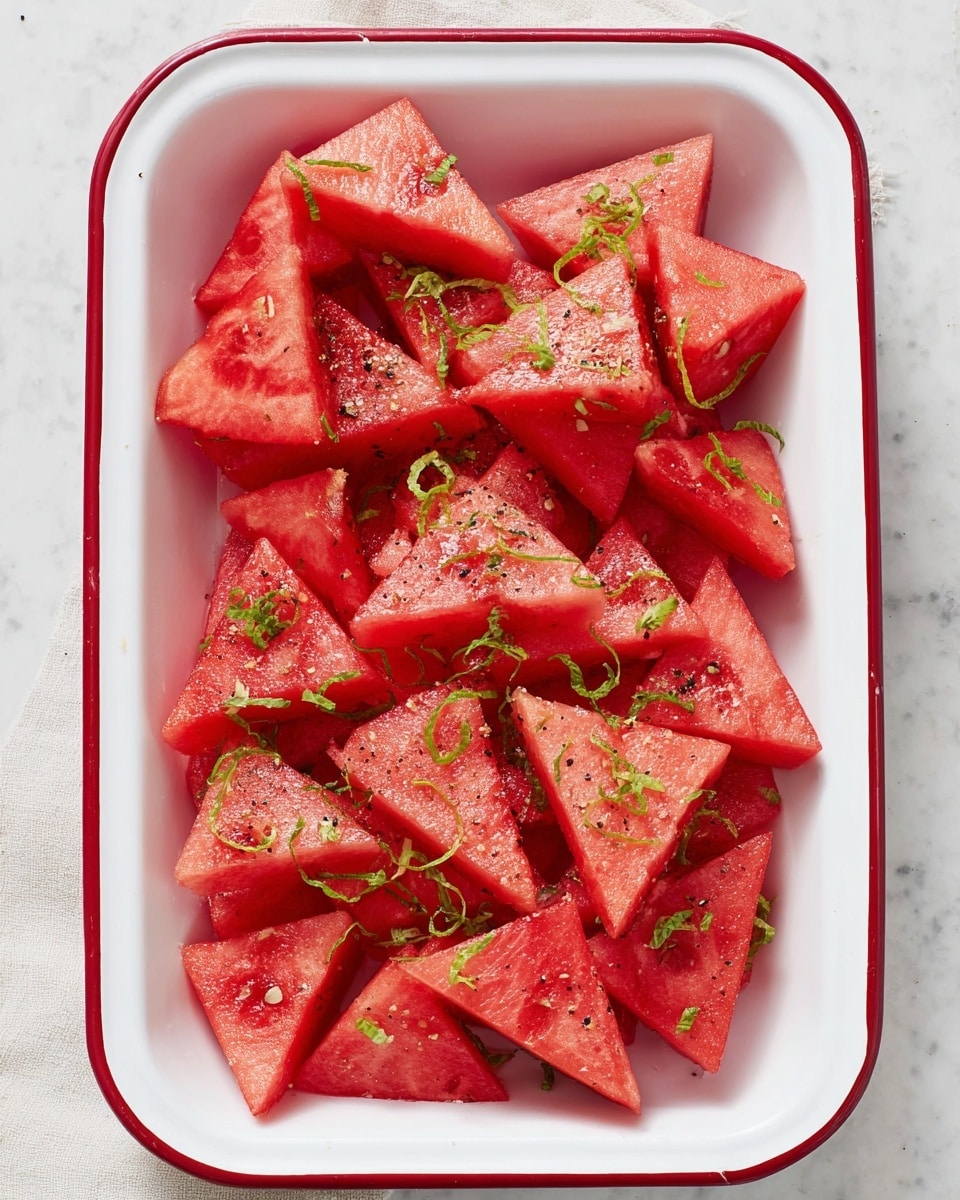 The image shows a white rectangular dish with a red rim filled with many triangular slices of juicy red watermelon. The watermelon pieces are lightly sprinkled with small green herbs and thin lime green zest curls, adding freshness and color contrast. There are small black pepper flakes and tiny salt grains scattered over the watermelon, giving texture and detail to the top layer. The dish is placed on a white marbled surface, enhancing the bright colors of the fruit. photo taken with an iphone --ar 4:5 --v 7