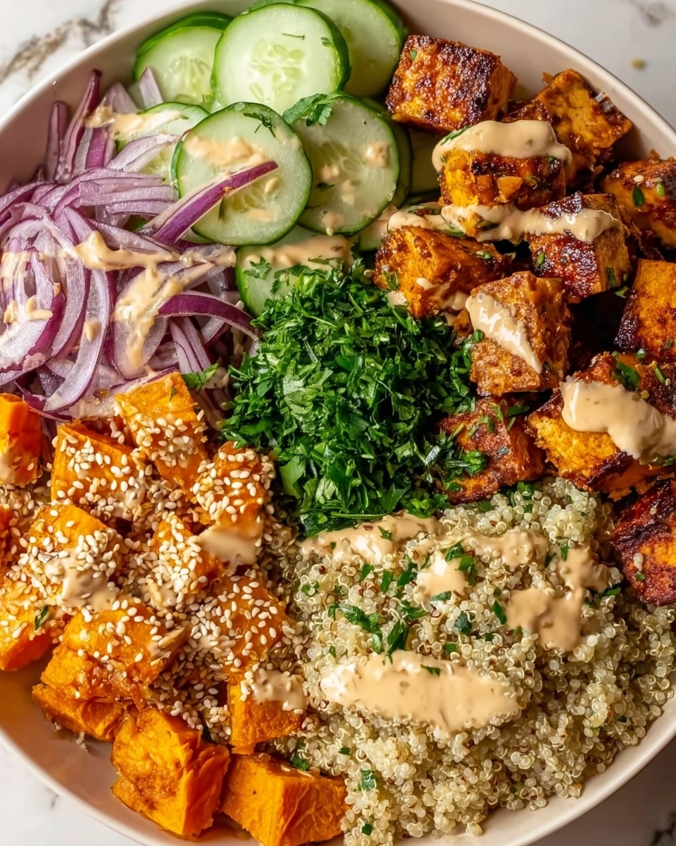 The dish is a white plate filled with separated sections of different foods. On the top right are dark, grilled tofu cubes with a crispy texture, drizzled with a light beige creamy sauce. Below the tofu is a layer of light-colored quinoa grains with the same sauce drizzled over them. To the bottom left are chunks of roasted orange sweet potatoes sprinkled with white sesame seeds and drizzled with the sauce. On the top left, thin cucumber slices with a slightly glossy texture sit under thinly sliced purple red onions. In the center is a small bunch of finely chopped bright green herbs, likely parsley, adding a fresh pop of color. The plate sits on a white marbled surface. Photo taken with an iphone --ar 4:5 --v 7