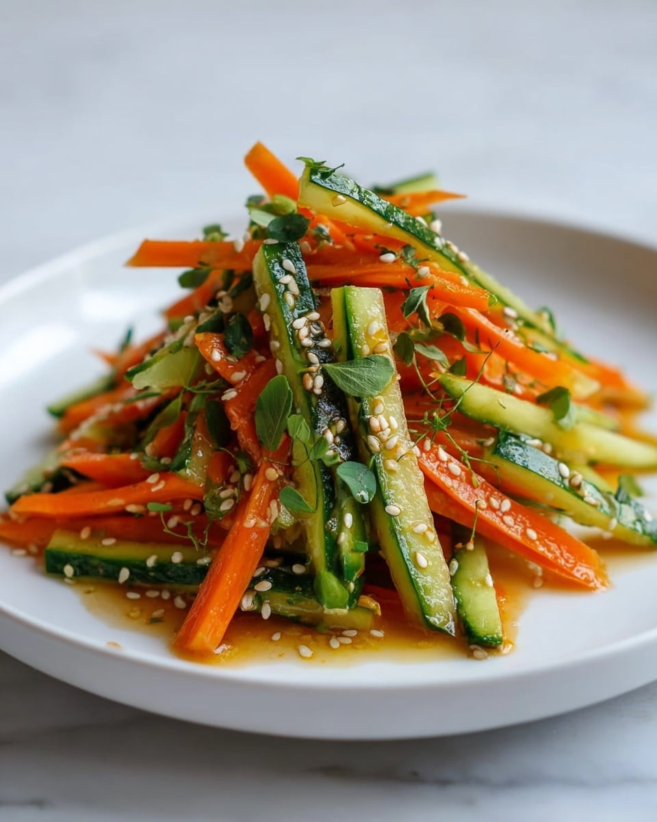 The image shows a small pile of cut cucumber and carrot sticks placed in the center of a white plate. The cucumber sticks are green and light green, while the carrot sticks are bright orange, all mixed together closely. The vegetables are sprinkled with small white sesame seeds and small green herb leaves spread throughout. A shiny sauce coats the vegetables, giving them a slightly glossy texture, and the plate sits on a white marbled surface. photo taken with an iphone --ar 4:5 --v 7
