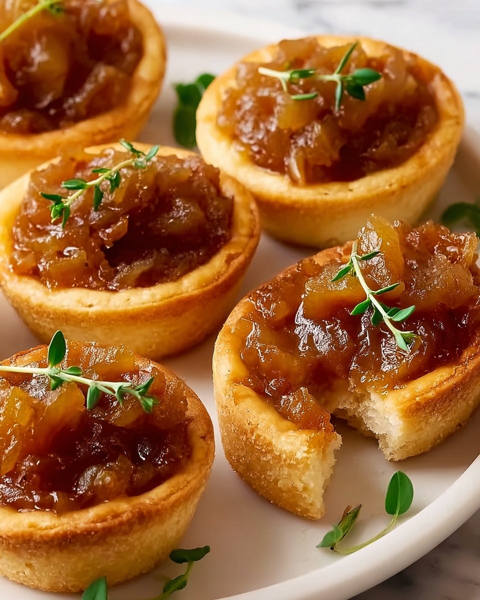 This image shows small baked tartlets arranged on a white plate over a white marbled texture. Each tartlet has two visible layers: the bottom layer is golden-brown, crisp pastry with slightly raised edges, and the top layer is a chunky, glossy caramelized onion topping in shades of amber and soft brown. Small green herb sprigs are placed delicately on top of each tartlet as garnish. Two tartlets are partially eaten, showing a soft, fluffy inside beneath the golden crust. Photo taken with an iphone --ar 4:5 --v 7