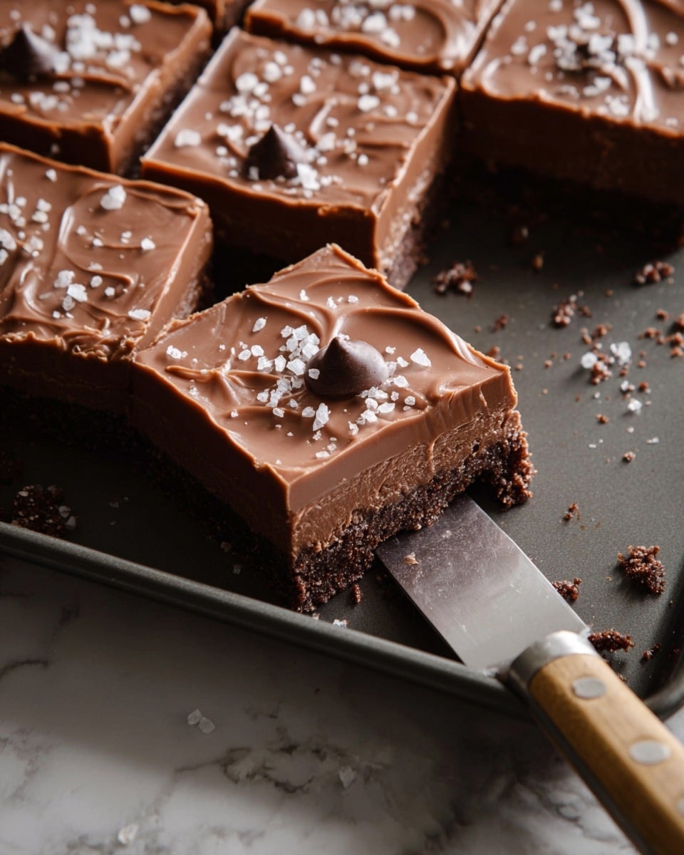 The image shows a close-up of several square chocolate bars with three visible layers. The bottom layer is a crumbly, dark brown crust with a rough texture. The middle layer is a smooth, thick, shiny dark chocolate filling. On top is a glossy, creamy milk chocolate layer with wave-like swirls across the surface. Each bar is garnished with a single dark chocolate chip and small pieces of white sea salt scattered on top. One bar is being lifted by a knife on the right side. The bars are placed on a dark baking tray, with some crumbs around. Photo taken with an iphone --ar 4:5 --v 7