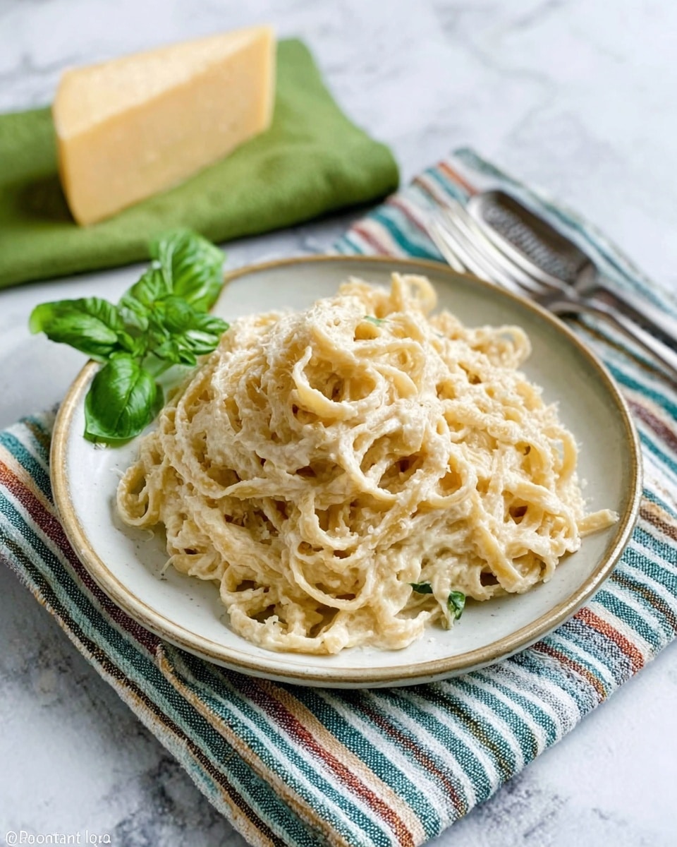 A white plate filled with creamy fettuccine pasta, coated evenly with a thick white Alfredo sauce. The pasta looks tender and smooth, piled loosely in the center of the plate. A small bunch of fresh green basil leaves is placed next to the pasta on the right side, adding a bright contrast. The plate rests on a colorful striped cloth napkin, which is placed on a white marbled surface. A silver fork is set near the edge of the plate on a folded light green napkin in the background. Photo taken with an iphone --ar 4:5 --v 7