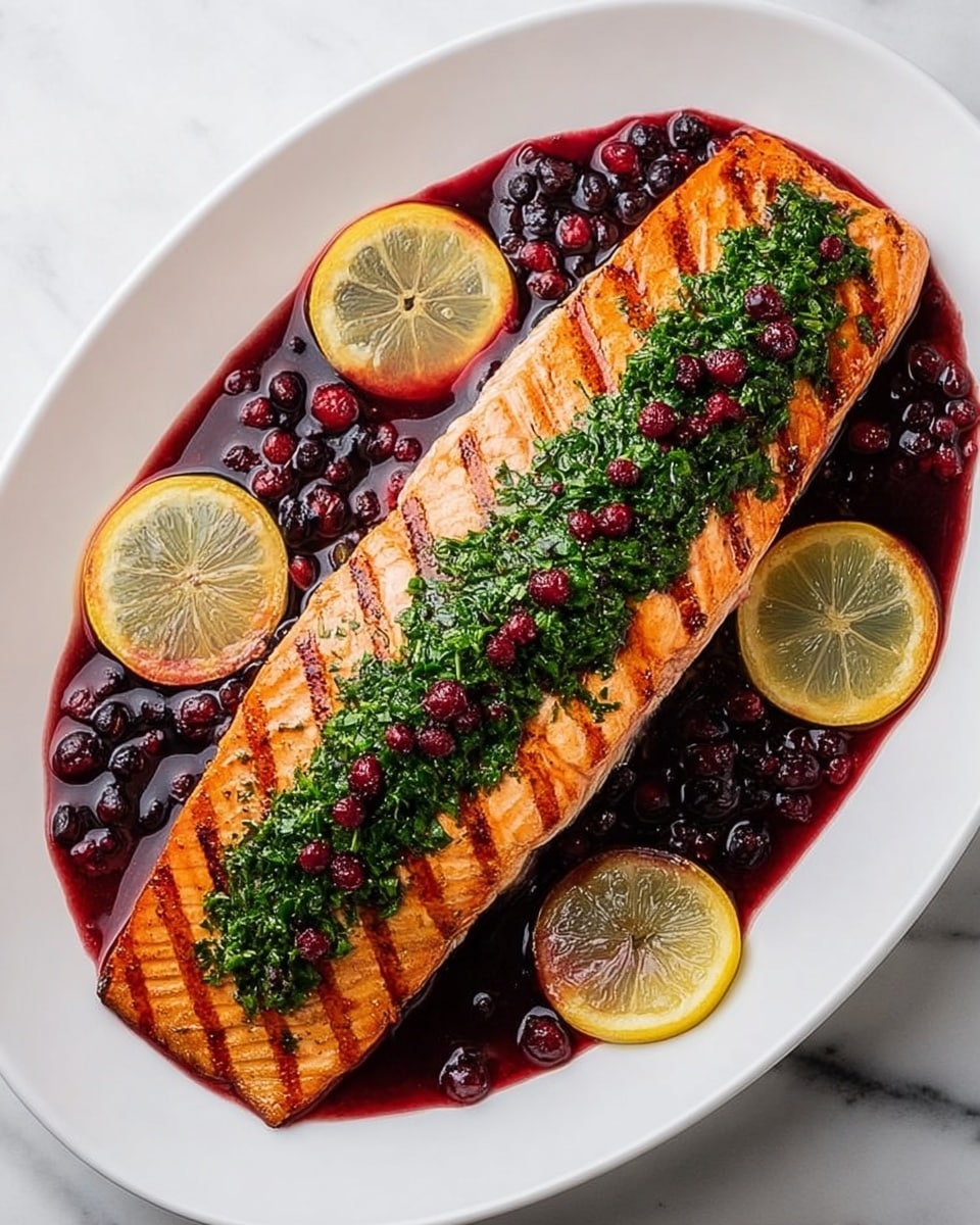 A large, grilled salmon fillet with clear char marks sits in the center of a white oval plate, covered with a thick layer of finely chopped green herbs and topped with small dark red berries. Around the salmon, there is a deep red sauce with whole berries and green leaves mixed in, partially covering the base of the plate. Four round lemon slices, slightly translucent with visible seeds, are placed around the salmon: two on the bottom right and two on the top left. The plate rests on a white marbled surface. photo taken with an iphone --ar 4:5 --v 7