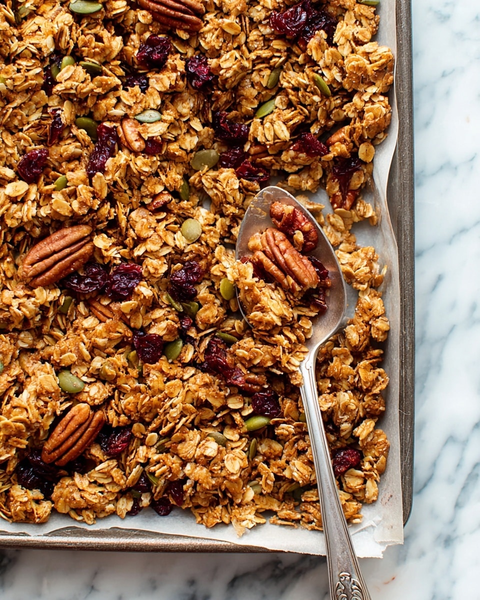 A close-up view of toasted granola spread unevenly in one layer on a baking tray lined with parchment paper, showing a mix of light golden oats, medium brown pecans, green pumpkin seeds, and dark red dried cranberries scattered across. A silver spoon rests in the granola towards the top left, scooping a mix of the nuts and oats. The tray is placed on a white marbled textured surface, creating a clean and bright background. photo taken with an iphone --ar 4:5 --v 7