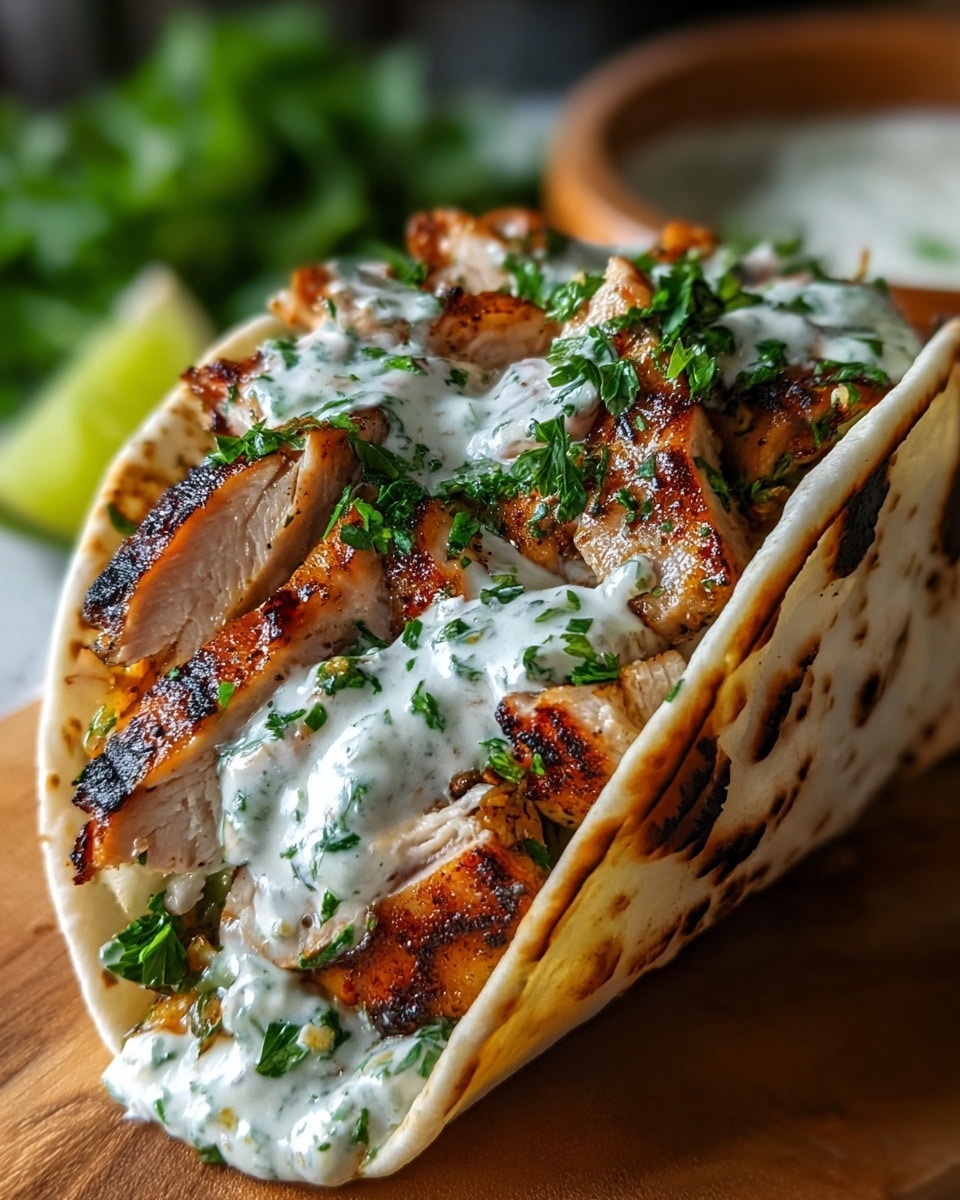 The image shows a close-up of a taco with three main layers. The bottom layer is a white corn tortilla with brown toasted spots around the edges, folded to form a pocket. The middle layer contains grilled chicken pieces with a crispy, browned exterior and juicy, tender inside, piled inside the taco shell. The top layer is a creamy white sauce with bits of green herbs sprinkled throughout, draped over the chicken, and garnished with fresh chopped green cilantro. The setting includes a white marbled surface beneath the taco. Photo taken with an iphone --ar 4:5 --v 7