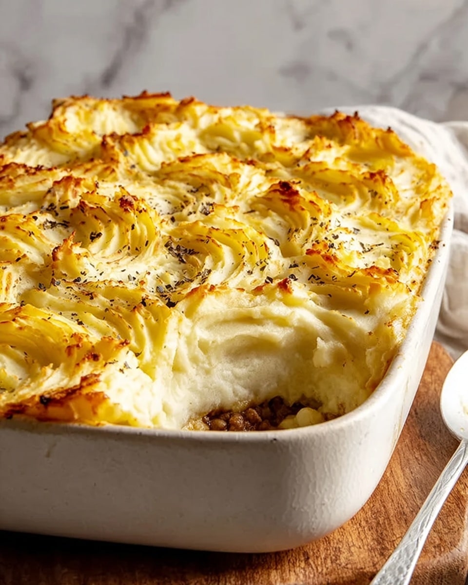 The image shows a white rectangular casserole dish filled with a baked mashed potato topping that is golden brown and slightly crispy on the top layer. The mashed potato layer is thick, creamy, and unevenly swirled with some spots more browned than others. The casserole dish sits on a white marbled surface with a soft gray cloth and a shiny silver spoon to the side. In the blurry background, there are out-of-focus white and brown salt and pepper shakers and a white ceramic pitcher. The overall look is warm and inviting, with the creamy potato topping clearly the main focus. Photo taken with an iphone --ar 4:5 --v 7