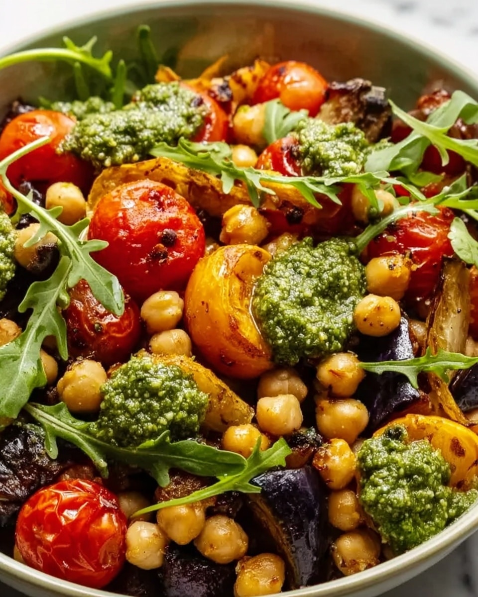 The image shows a colorful salad in a white bowl placed on a white marble surface. The salad has multiple layers, starting with a base of roasted chickpeas with a light beige color and slightly rough texture. Scattered among the chickpeas are small, bright red cherry tomatoes, some with a shiny surface and others slightly wrinkled, and thin strips of roasted purple eggplant with a soft texture. There are pieces of roasted orange-yellow bell pepper adding a warm, vibrant orange tone. The salad is topped with fresh arugula leaves, which are bright green with a slightly jagged shape. Dollops of green pesto sauce with a slightly chunky texture are spread over the salad, adding bursts of deep green. Photo taken with an iphone --ar 4:5 --v 7