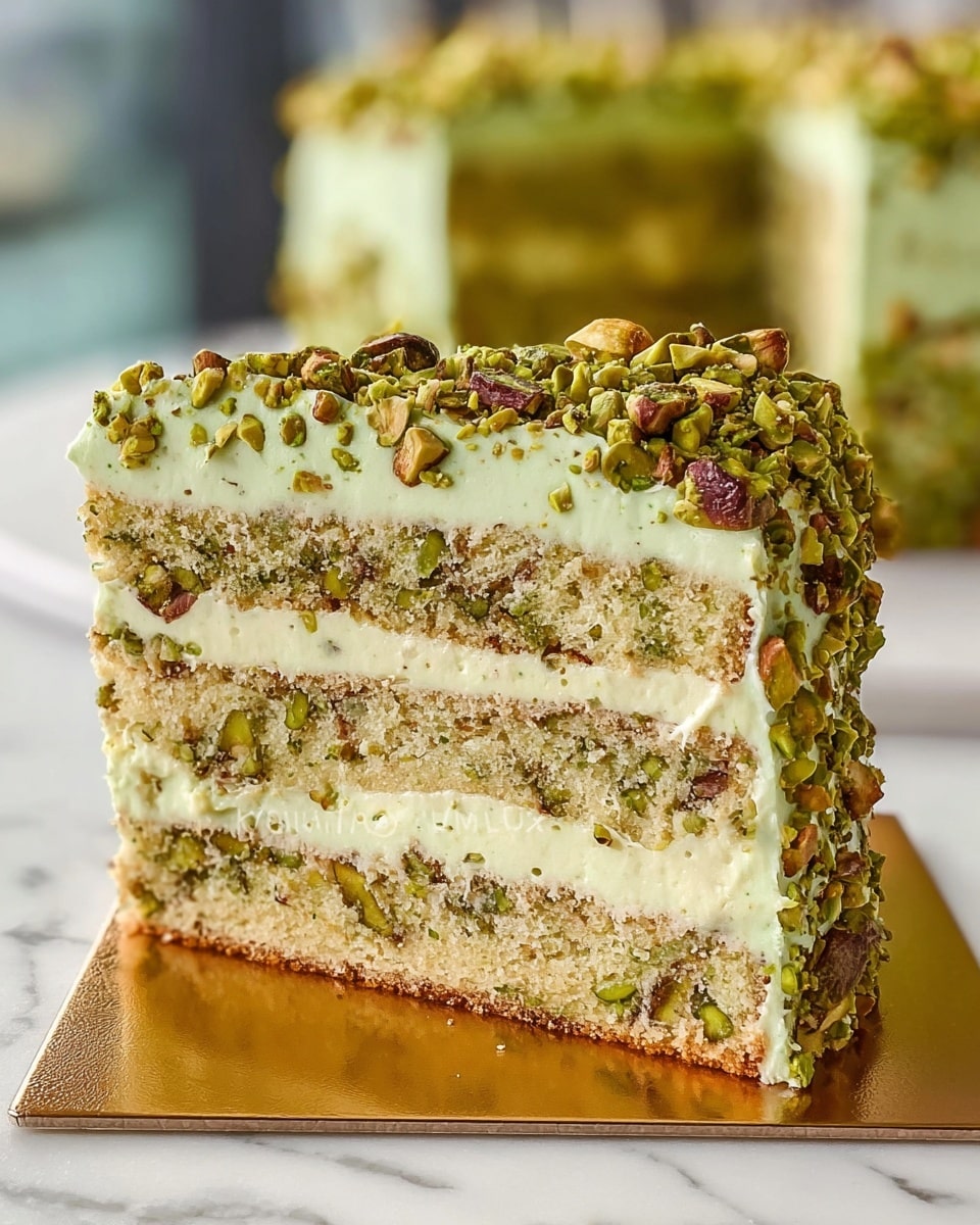 The image shows a close-up of a three-layer pistachio cake slice placed on a golden base. The cake layers are greenish with a crumbly texture and visible pieces of pistachio nuts inside. Between the cake layers are thick, creamy, pale green frosting layers. The exterior of the cake is coated in the same light green frosting and decorated with roughly chopped pistachio nuts on the top and sides, adding a crunchy texture. The background is a white marbled surface with a blurred view of the rest of the cake behind the slice. Photo taken with an iphone --ar 4:5 --v 7