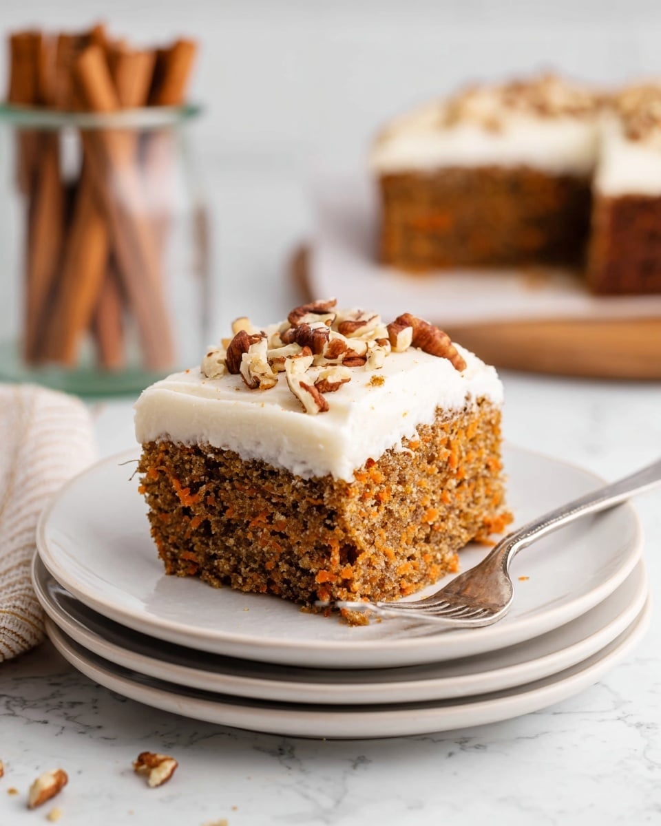 A single square piece of carrot cake sits centered on a stack of three white plates, showing a moist, textured brown crumb with tiny orange flecks from the carrot. On top, there is a thick layer of creamy white frosting sprinkled with small chunks of pecans. A silver fork rests on the plate’s right side with a few cake crumbs scattered nearby. In the background, a glass jar filled with cinnamon sticks is visible to the left, and part of a larger frosted carrot cake is blurred on the right. The surface beneath has a white marbled texture. photo taken with an iphone --ar 4:5 --v 7