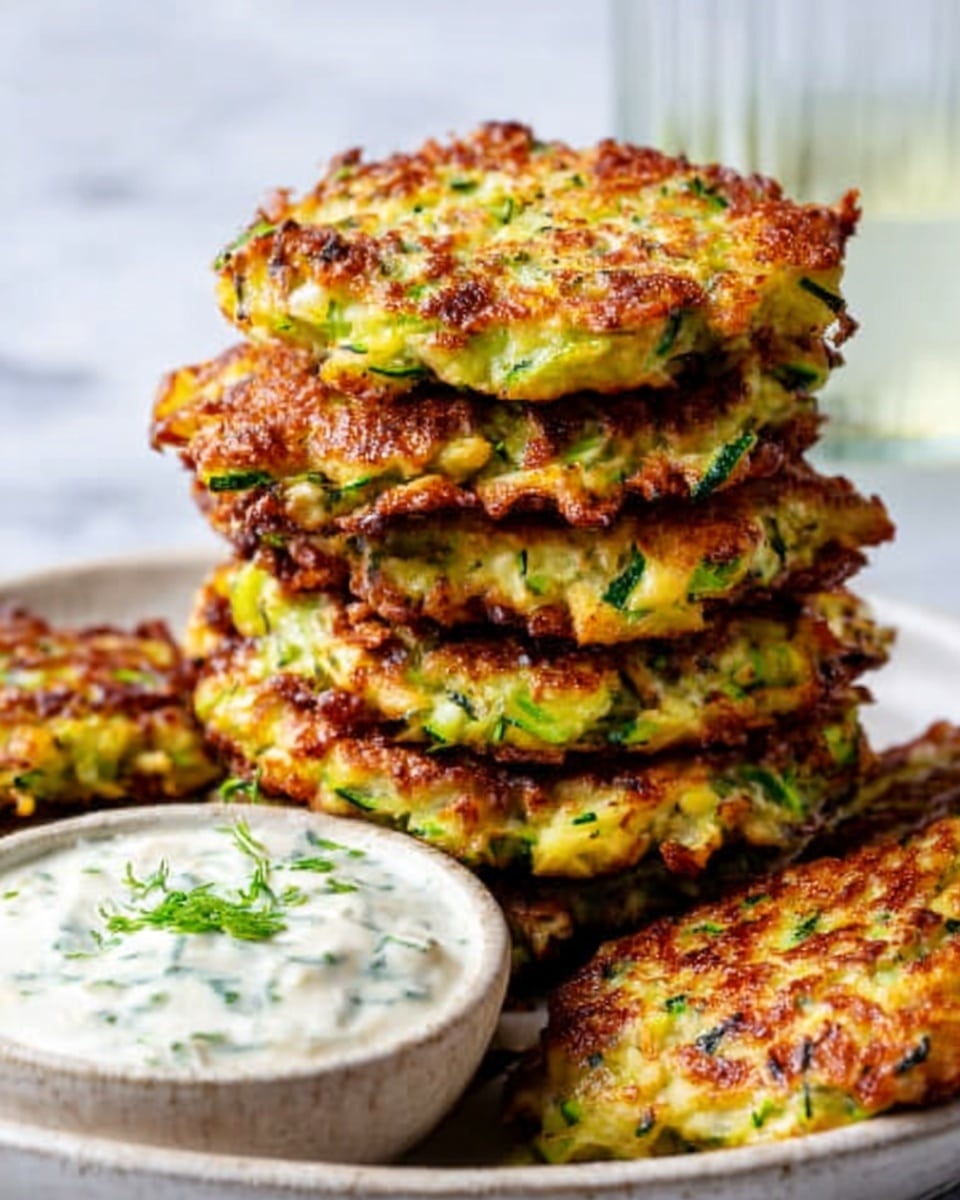 A stack of five golden-brown zucchini fritters with crispy, slightly uneven edges sits in a white bowl, showing green flecks of zucchini and herbs throughout each fritter. The fritters have a rough, textured surface with hints of melted cheese and browned spots. To the right side of the bowl is a small white dish filled with a creamy white dipping sauce speckled with green herbs. The background features a soft-focus glass of water and a white marbled surface. Photo taken with an iphone --ar 4:5 --v 7