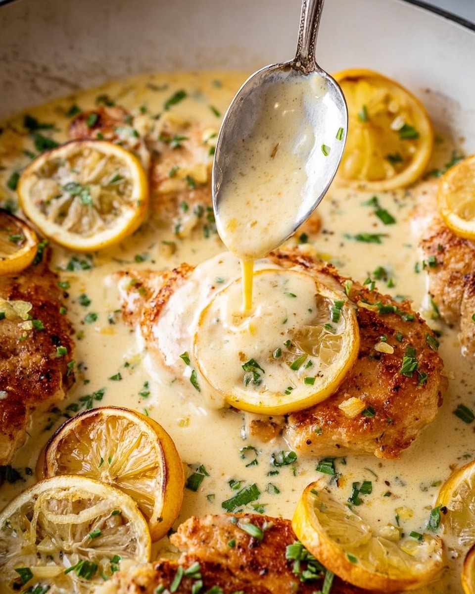 A close-up of several golden-brown pan-fried chicken breasts layered with creamy light yellow lemon sauce that has a smooth, rich texture. On top of the chicken and sauce are slices of slightly browned, cooked lemon halves with a vibrant yellow color and caramelized edges. The dish is garnished with finely chopped fresh green herbs scattered evenly. A silver spoon held by a woman's hand is pouring the creamy sauce over the chicken. The dish is set against a white marbled texture background. photo taken with an iphone --ar 4:5 --v 7