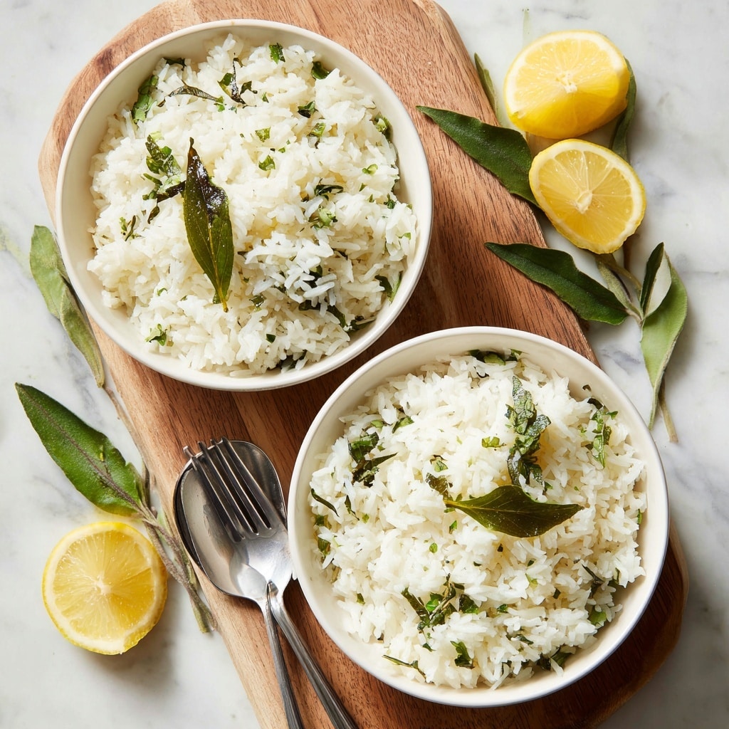 Two white bowls filled with cooked white rice mixed with small green herb leaves are placed on a wooden board. Each bowl has a wedge of yellow lemon on top for garnish, along with scattered green coriander leaves. A silver fork with a couple of green coriander leaves is placed beside the bowls. Lemon wedges and coriander sprigs are scattered around on the wooden board. The entire setting is on a white marbled surface. photo taken with an iphone --ar 4:5 --v 7