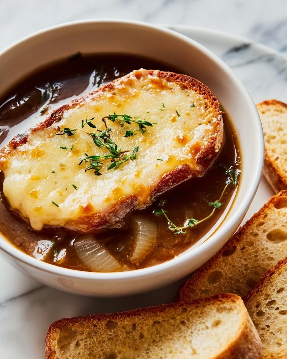 A white bowl filled with dark brown onion soup has soft caramelized onion slices floating on top, garnished with small green fresh thyme leaves. On the soup, there is one thick slice of toasted bread with a golden-brown crust, covered in a bubbly, melted layer of light yellow cheese with some browned spots, and a sprig of thyme resting on the cheese. Around the bowl, there are slices of plain toasted bread with a light golden crust showing. The dish is set against a white marbled surface. photo taken with an iphone --ar 4:5 --v 7