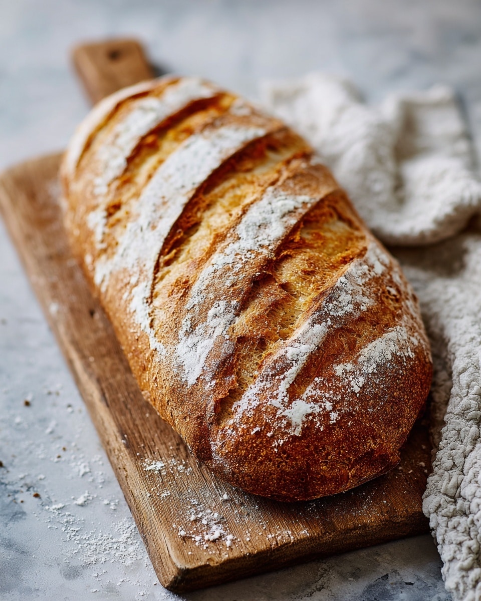A whole loaf of golden brown bread with a slightly crispy crust dusted with white flour rests on a wooden cutting board. The bread has three curved cuts on top revealing the soft, light, and airy inside, showing a light cream color and fluffy texture. A white cloth napkin is casually placed next to the bread on a white marbled surface. The overall scene has warm tones and soft lighting that highlights the texture of the bread crust. photo taken with an iphone --ar 4:5 --v 7