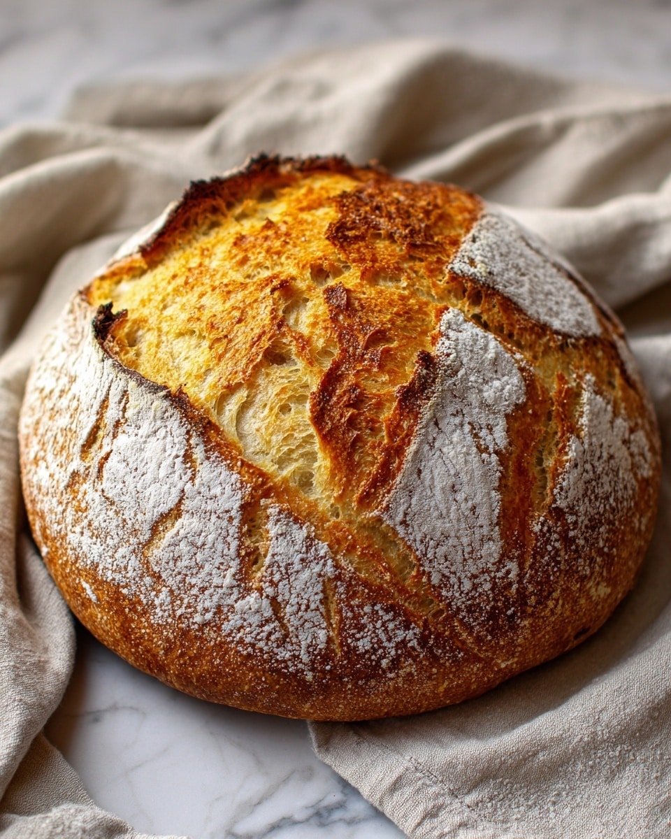 A round loaf of crusty bread with a thick, golden brown and slightly charred outer crust showing deep cracks and a rugged texture, revealing the soft, airy pale-yellow inside beneath. The surface of the bread is lightly dusted with white flour, creating a contrast with the darker toasted areas. The bread rests on a white marbled surface next to a light beige cloth with soft folds. Photo taken with an iphone --ar 4:5 --v 7