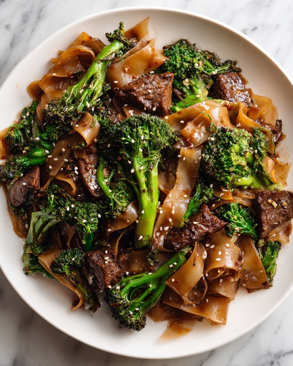 A white plate holds a serving of stir-fried wide flat noodles in a glossy brown sauce. Mixed in are dark brown chunks of cooked beef and bright green broccoli florets scattered evenly throughout. There are small pieces of garlic and sesame seeds sprinkled on top, adding texture and color contrast. The noodles look soft and slightly translucent, with the sauce coating each layer richly, while the beef pieces have a browned, seared texture. The broccoli adds a fresh, crisp appearance among the tender noodles and meat. The photo is set on a white marbled surface. photo taken with an iphone --ar 4:5 --v 7