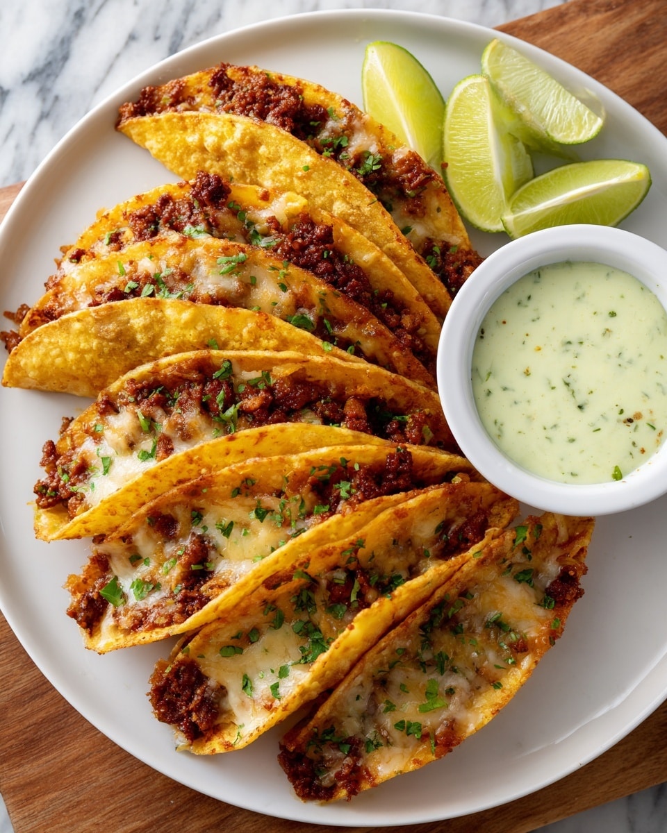 The image shows four golden brown quesadillas folded in half and stacked in a curved line on a white plate. Each quesadilla has a crispy outer layer with some darker spots, filled with melted white cheese and browned ground meat, visible at the edges. The quesadillas are sprinkled with small pieces of green herbs. On the left side of the plate, there are several lime wedges, light green with visible texture. Next to the lime wedges, there is a small white bowl filled with a creamy green sauce that has a slightly chunky texture. The plate is set on a white marbled surface. photo taken with an iphone --ar 4:5 --v 7