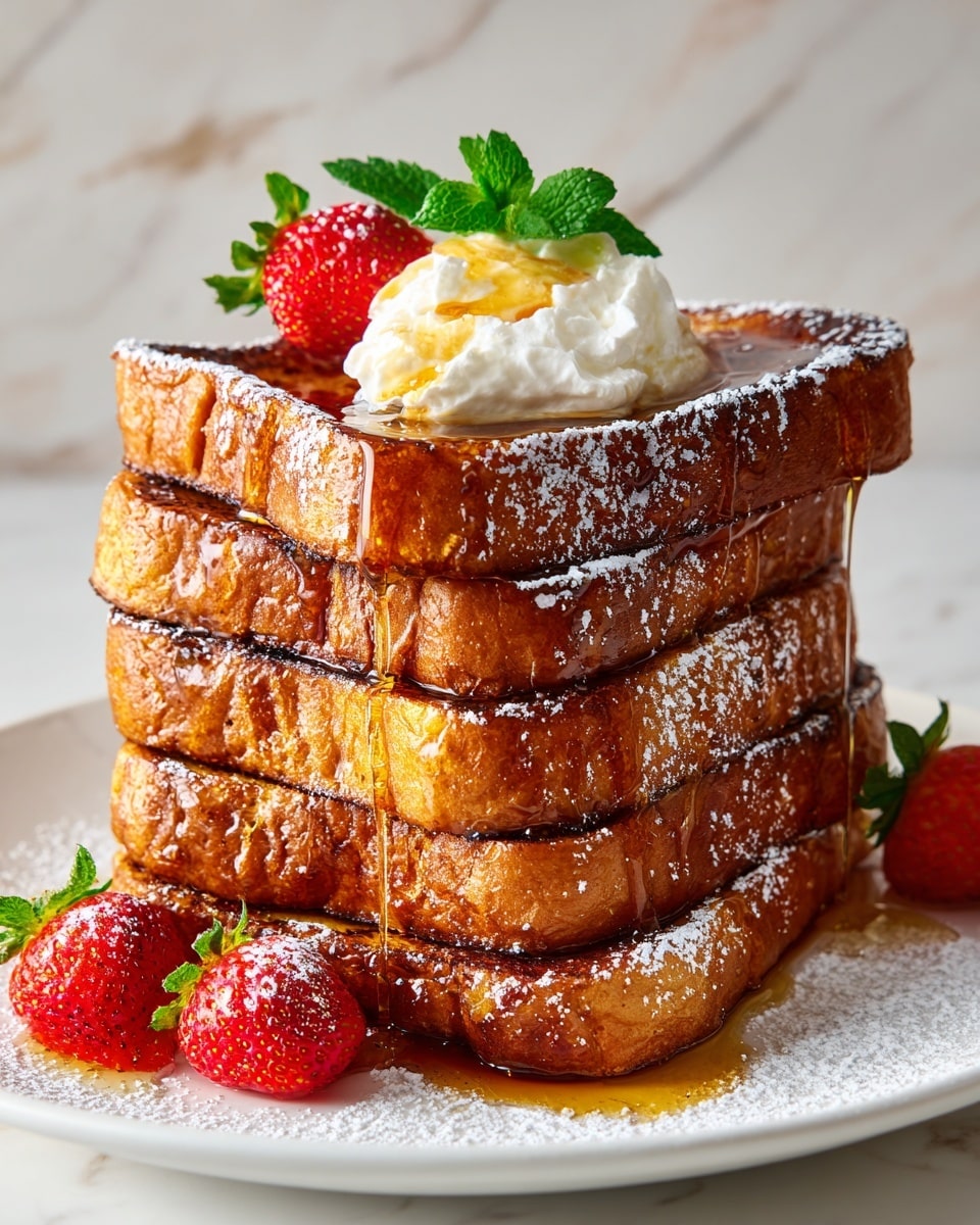 A stack of four thick, golden brown slices of French toast is served on a white plate, each slice showing a slightly crispy texture with syrup dripping down the sides. On top, there is a dollop of whipped cream, a pat of melting butter beneath it, and a drizzle of syrup over both. Around the toast are three fresh strawberries with green leaves, and a light dusting of powdered sugar covers the toast and plate. The background has a soft, warm glow with a white marbled surface beneath the plate. photo taken with an iphone --ar 4:5 --v 7