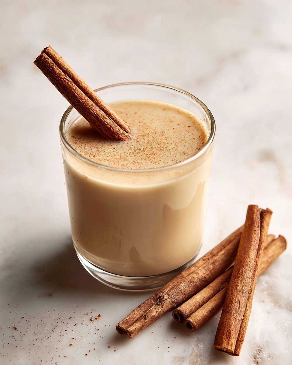A clear glass cup filled with a smooth, creamy off-white beverage, nearly full to the top, with a single brown cinnamon stick partially dipped into the drink on the right side. The cup sits on a white marbled surface, surrounded by three additional cinnamon sticks scattered around it. The background is a white marbled texture, softly blurred. The image captures the warm, cozy feel of the drink. photo taken with an iphone --ar 4:5 --v 7