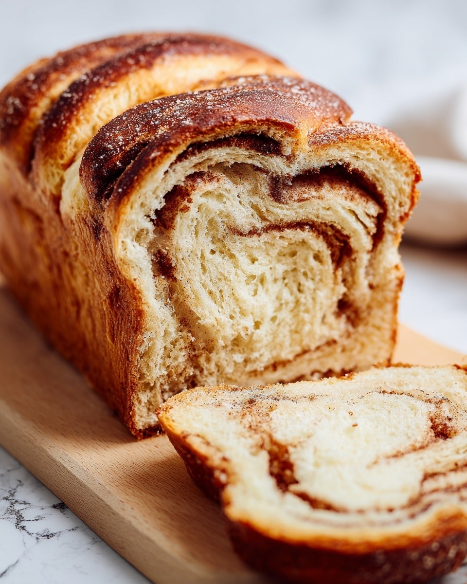 A close-up image of a loaf of cinnamon swirl bread placed on a light wooden board, showing its textured golden-brown crust with slightly darker toasted patches and a soft, airy inside visible on the cut side. The bread has a thick spiral layer of dark brown cinnamon filling that runs through the creamy white bread, creating a clear swirl pattern. A separated slice rests next to the loaf, revealing the same layered effect. The background is softly blurred with a white marbled texture surface. Photo taken with an iphone --ar 4:5 --v 7