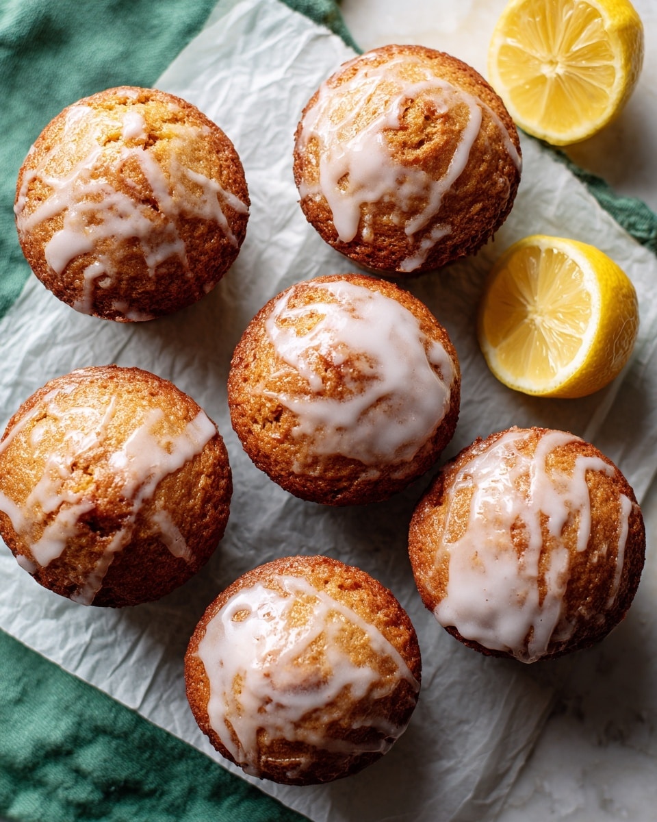 Six round golden-brown muffins with a slightly cracked top are arranged closely together on a piece of parchment paper, which sits on a white marbled surface. The muffins have a light drizzle of white glaze on some of them, adding a shiny, slightly messy texture. A green cloth is partially visible in the top left corner, while a partially cut yellow lemon rests at the top right edge. The overall look is warm and inviting with a fresh, simple background. photo taken with an iphone --ar 4:5 --v 7