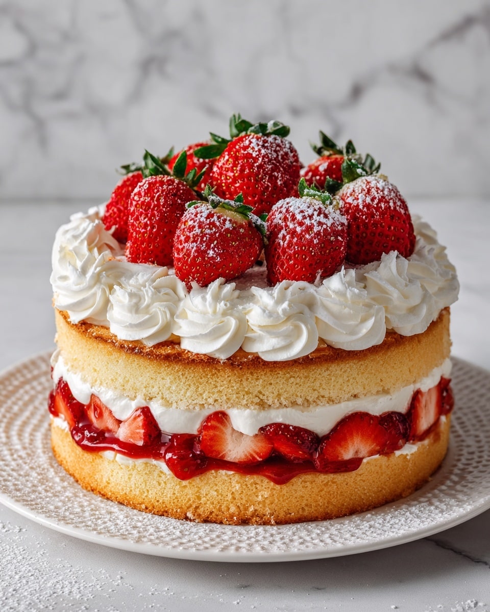 A two-layer sponge cake sits on a white plate with small bead-like details around the edge, placed on a white marbled surface. The bottom layer is light golden-brown and topped with a thick white cream layer mixed with sliced strawberries that are red and juicy. The second cake layer, matching the bottom in color and texture, rests on top. The top is decorated with a thick swirl of white whipped cream and whole fresh strawberries with green leaves arranged in a circle, dusted lightly with powdered sugar. The image is sharp and bright, showing the soft texture of the cake and cream. photo taken with an iphone --ar 4:5 --v 7