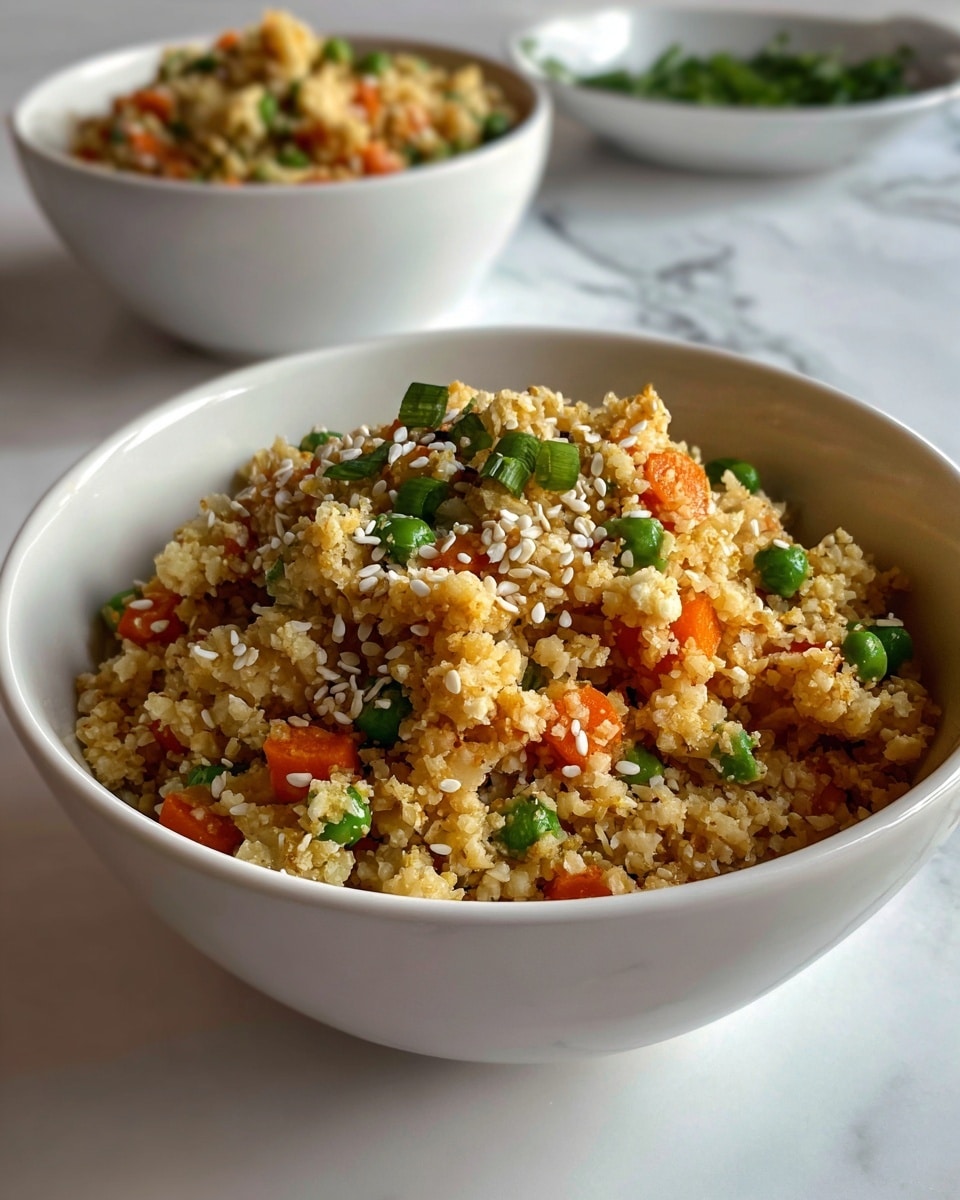 A close-up of a white bowl filled with a textured grain dish mixed with small pieces of green peas, diced carrots, and light yellow corn, topped with sprinkled sesame seeds. The dish looks fluffy and slightly crumbly with visible bits of chopped green onions mixed throughout. A second white bowl with the same dish is blurred in the background to the right, and some green lettuce leaves are softly visible in the upper left corner, all set on a white marbled surface. Photo taken with an iphone --ar 4:5 --v 7