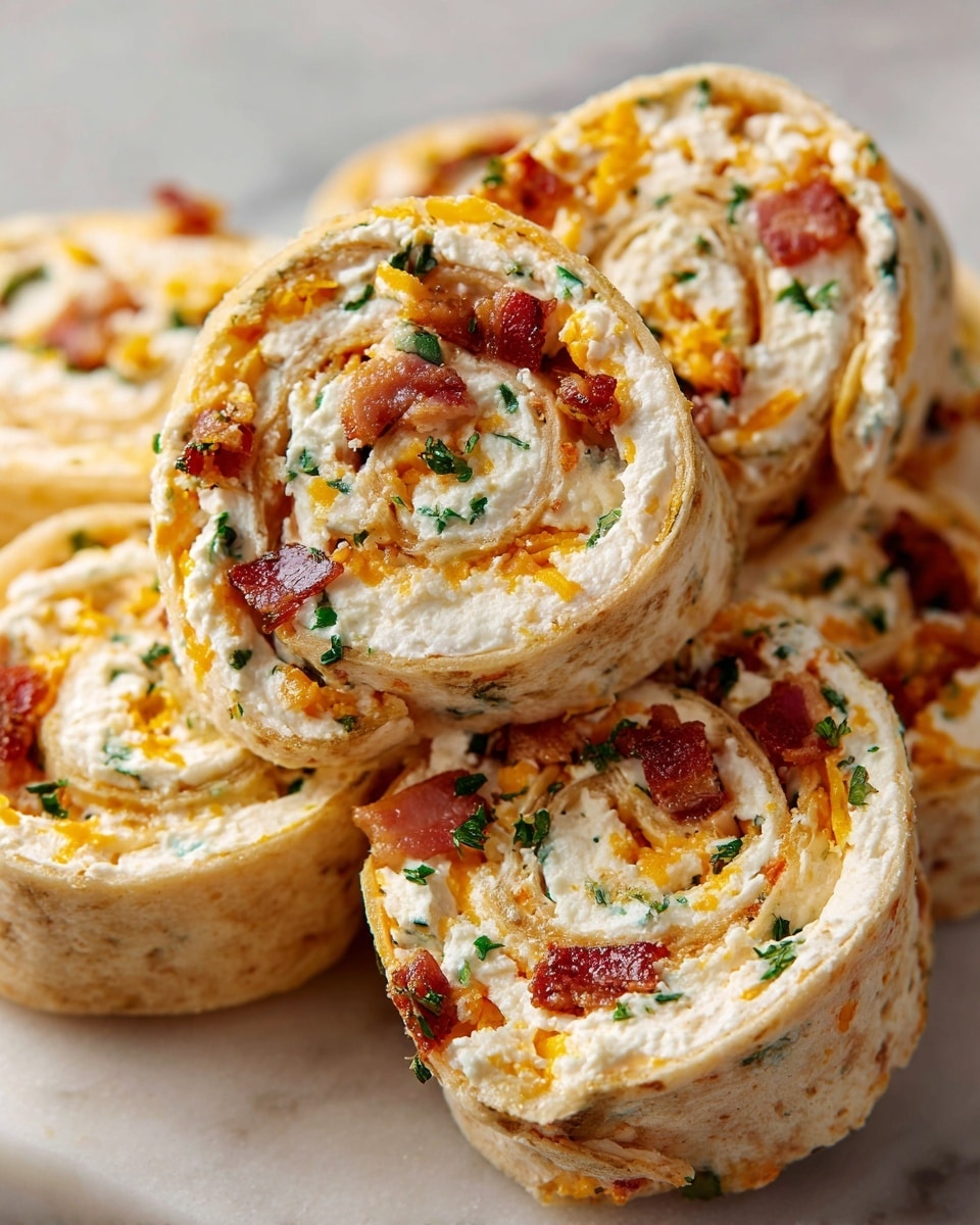 The image shows several tortilla roll-up slices stacked close together on a white marbled surface. Each roll-up has a thick layer of white cream cheese mixed with small bits of orange cheddar cheese, green herbs, and red bacon pieces. The tightly rolled tortillas form spirals with visible layers of soft tortilla wrap on the outside and the creamy, colorful filling on the inside. The textures look smooth and creamy with tiny chunks of cheese and bacon scattered throughout the creamy spread. photo taken with an iphone --ar 4:5 --v 7