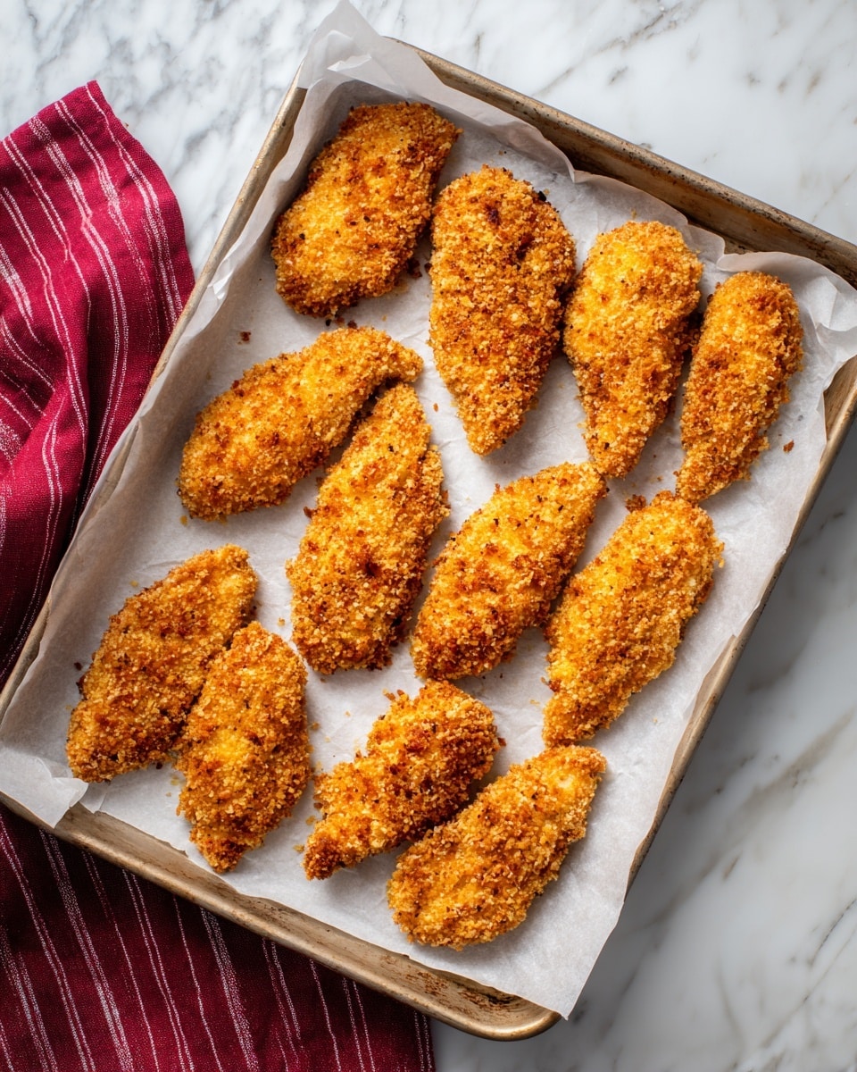 The image shows a baking tray lined with white parchment paper on a white marbled surface. There are nine breaded chicken tenders evenly spaced in three rows of three. Each chicken tender has a crispy coating that is golden brown with a rough texture made of small crumbs. The tenders look crunchy and well-coated, with some loose crumbs scattered on the parchment paper around them. The tray is metallic with a smooth finish, and the whole setup looks clean and ready for cooking. photo taken with an iphone --ar 4:5 --v 7