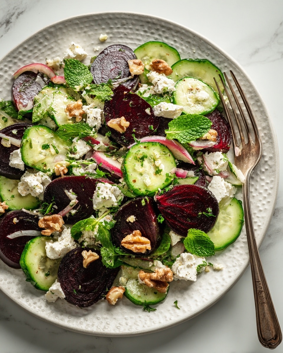 A gray ceramic plate holds a fresh salad with multiple colorful layers. There are thick slices of deep red beets and bright green cucumber, both cut into medium rounds and wedges, scattered evenly across the plate. Crumbled white feta cheese is spread throughout, mixed with small pieces of light brown walnuts. Finely chopped red onions are sprinkled over the top, along with fresh green parsley leaves that add a pop of bright color. The salad looks fresh and textured with a mix of smooth, crumbly, and crunchy elements, all resting on a white marbled background. photo taken with an iphone --ar 4:5 --v 7