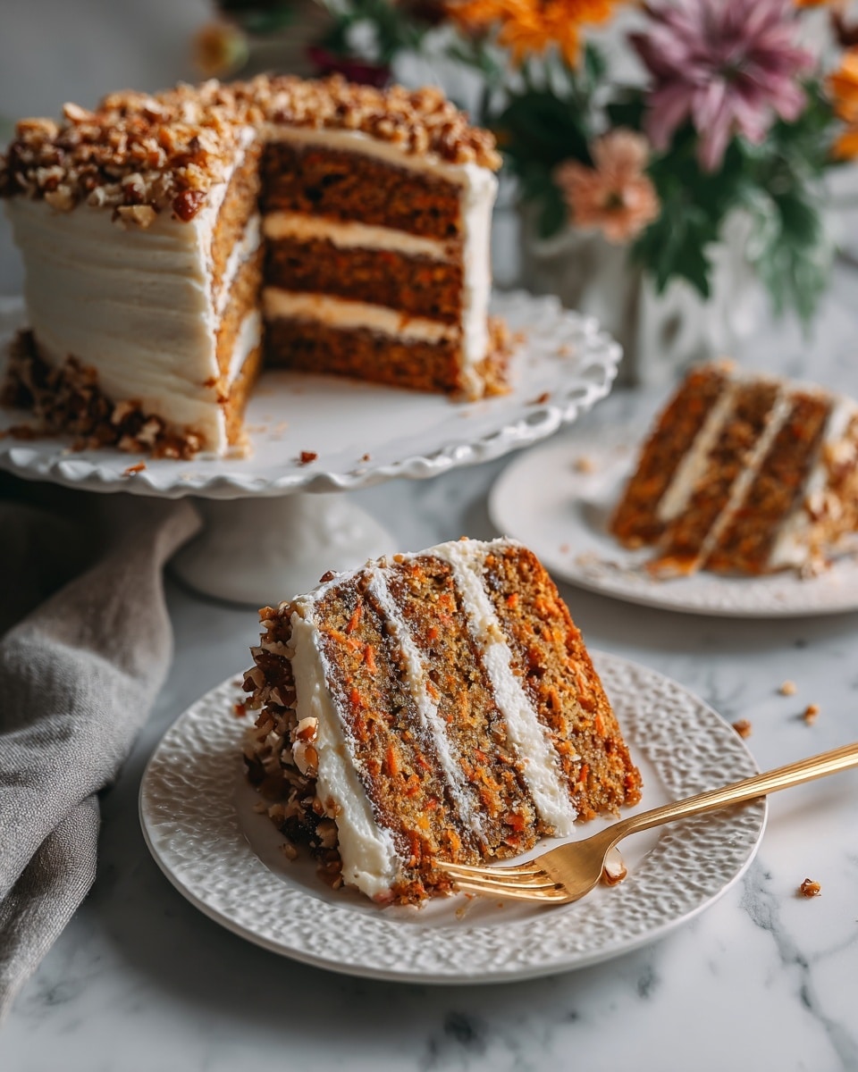 The image shows a three-layer carrot cake with light cream cheese frosting between each layer and on top. The cake has a light brown color with visible bits of carrot and nuts inside. The top layer of frosting is decorated with chopped nuts. A slice of the cake sits on a white plate in the front, showing all three layers and frosting lines clearly. A gold fork rests on the plate near the slice. The cake stand and surface are white with a soft marbled texture, with blurred green and blue flowers in the background. photo taken with an iphone --ar 4:5 --v 7